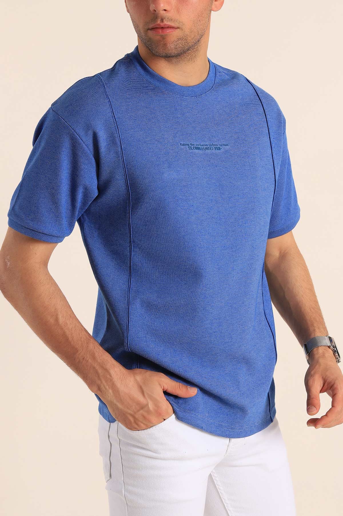Mavi Oversize Kabartma Yazılı Dikişli Erkek Tişört 181818