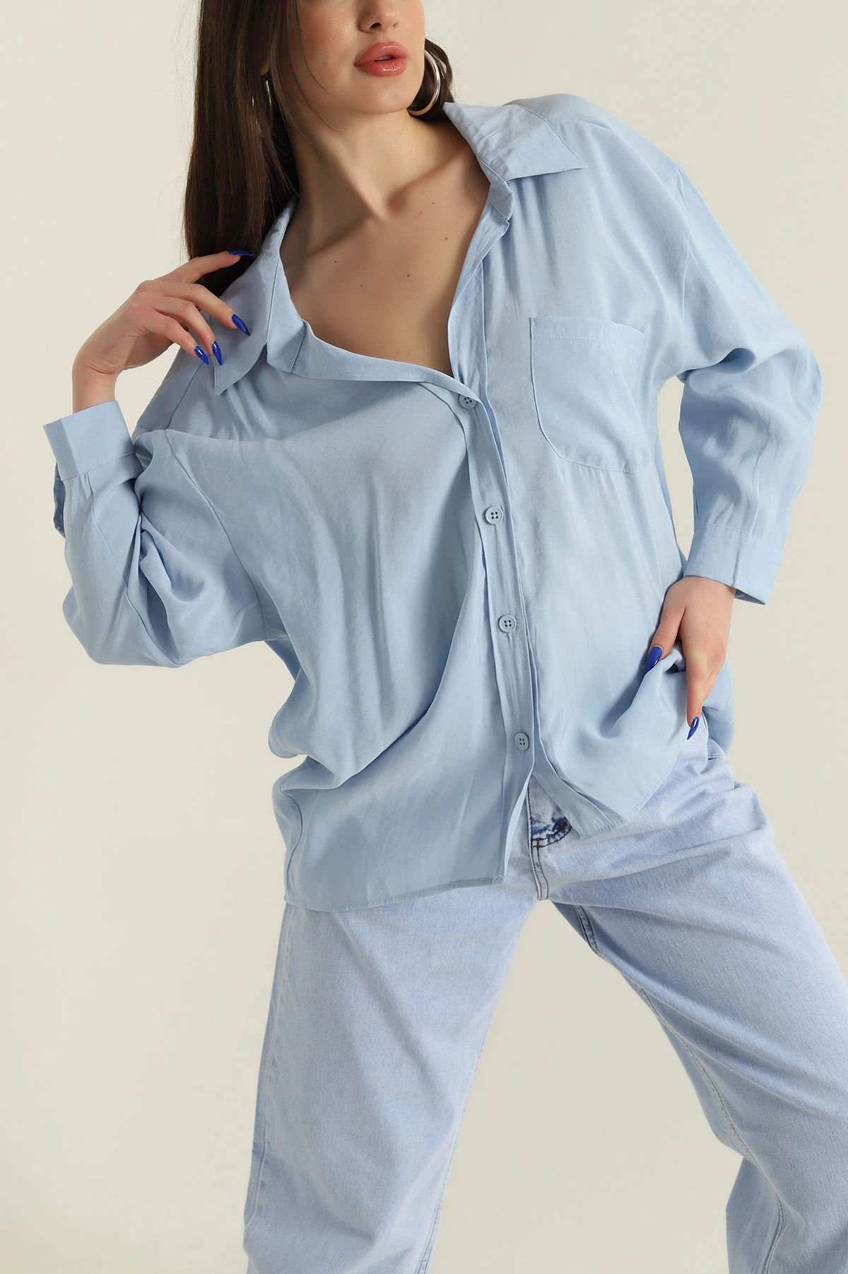 Mavi Oversize Modal Kadın Gömlek 427911