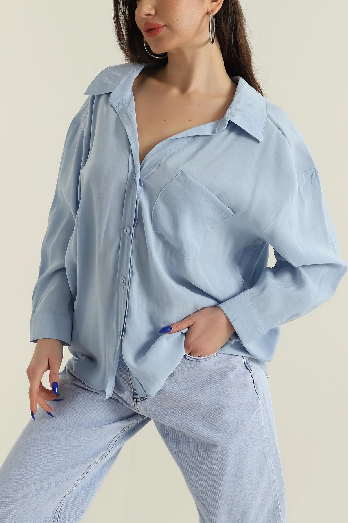 Mavi Oversize Modal Kadın Gömlek 427911