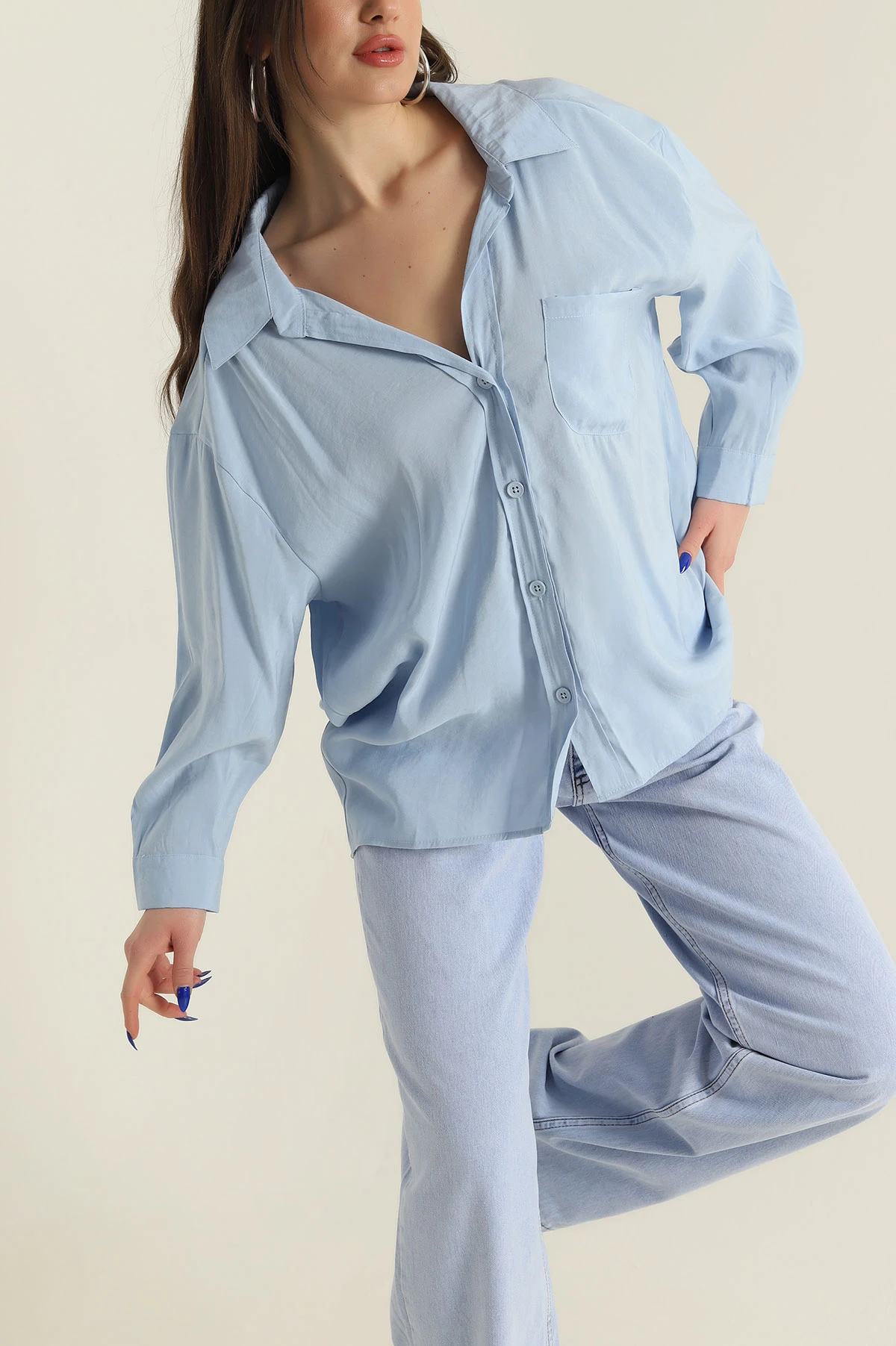 Mavi Oversize Modal Kadın Gömlek 427911