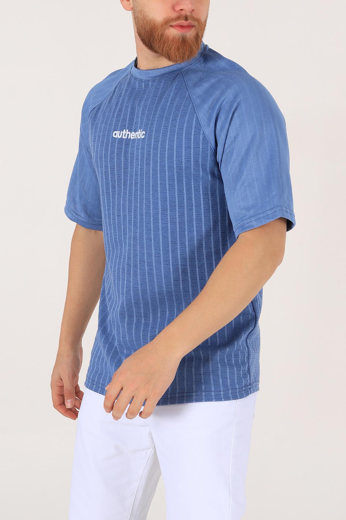 Mavi Oversize Reglan Kol Baskılı Erkek Tişört 174338