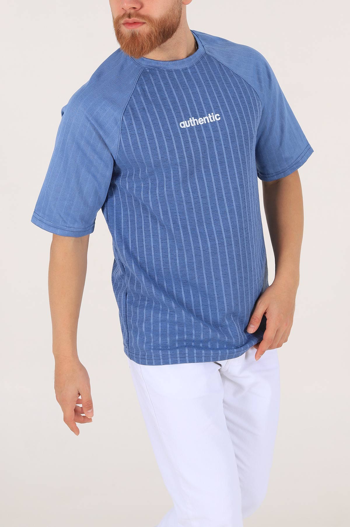 Mavi Oversize Reglan Kol Baskılı Erkek Tişört 174338