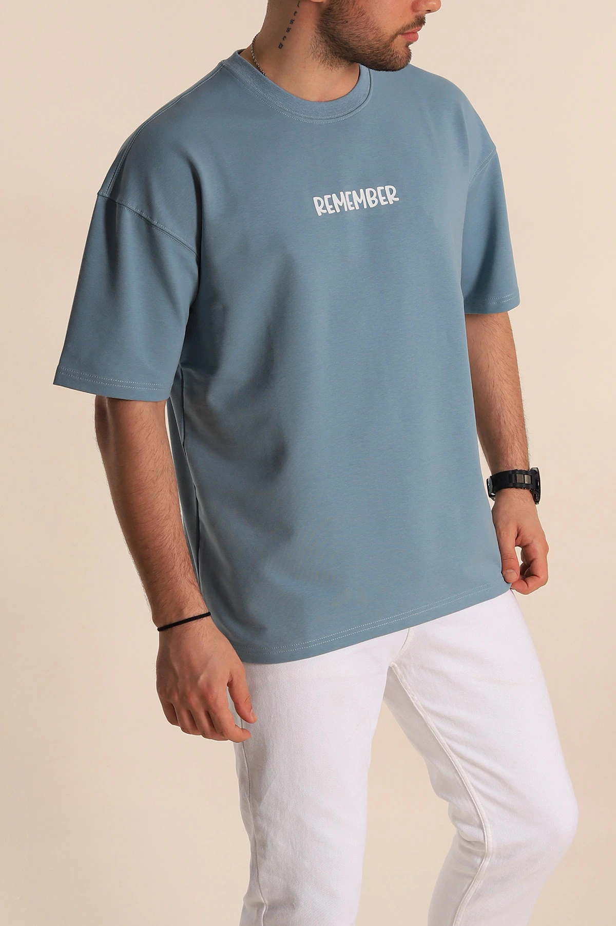 Mavi Oversize Suprem Kumaş Kabartma Yazılı Erkek Tişört 267449