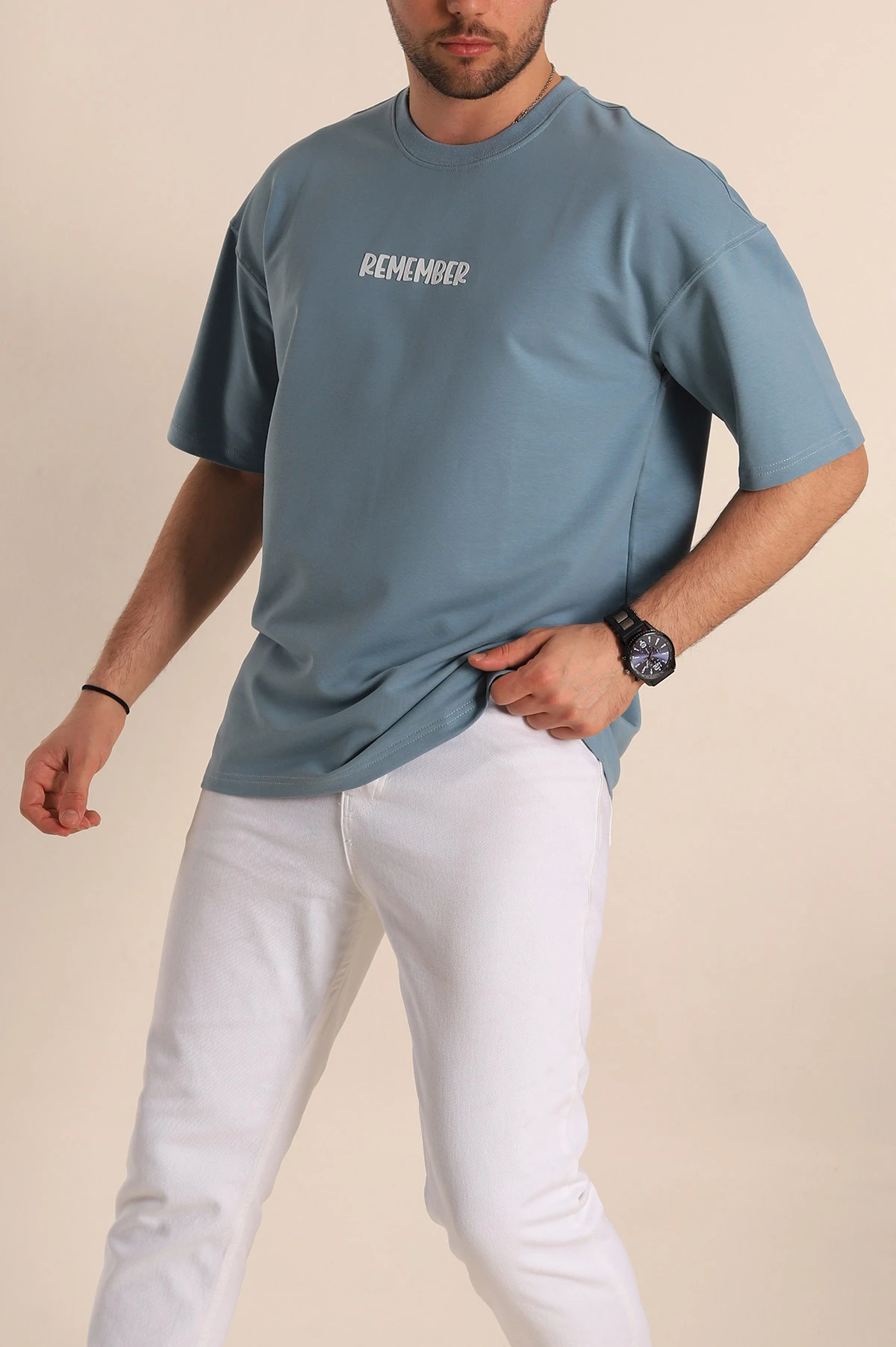 Mavi Oversize Suprem Kumaş Kabartma Yazılı Erkek Tişört 267449