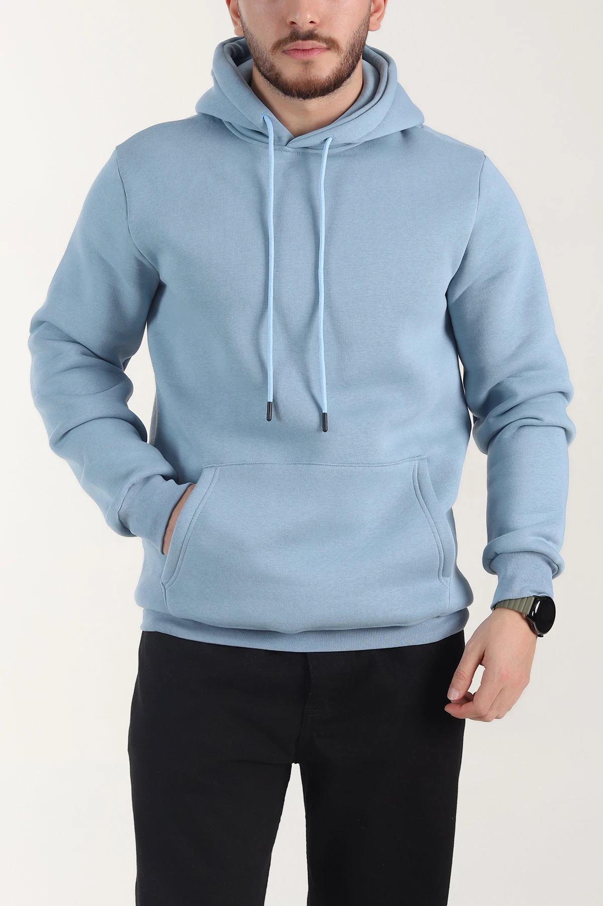 Mavi Oversize Üç İp Şardonlu Erkek Basic Kapüşonlu Sweatshirt 403196
