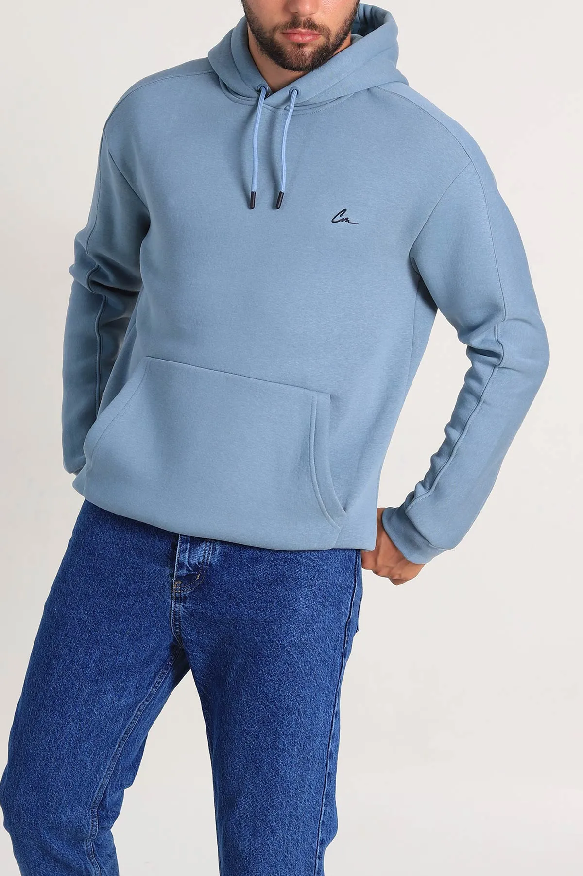 Mavi Oversize Üç İp Şardonlu Kapüşonlu Sweatshirt 300919