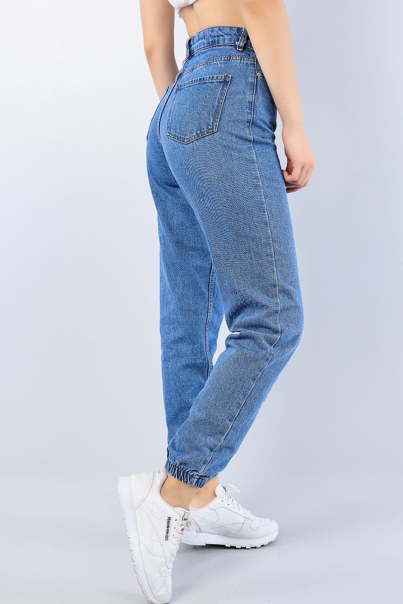 Mavi Paça Lastikli Mom Bayan Kot Pantolon 76312