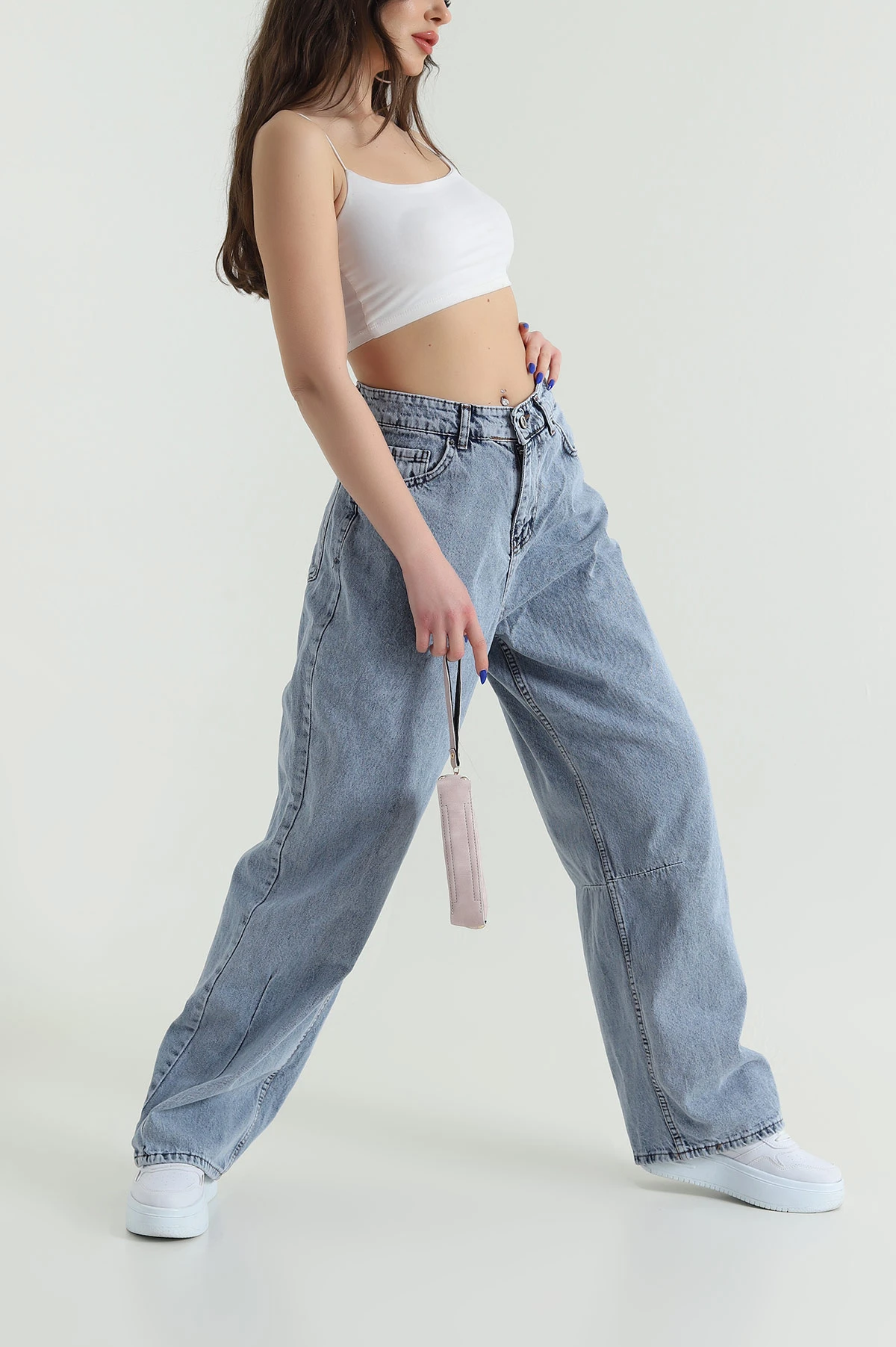 Mavi Paça Pileli Baggy Kadın Kot Pantolon 426313