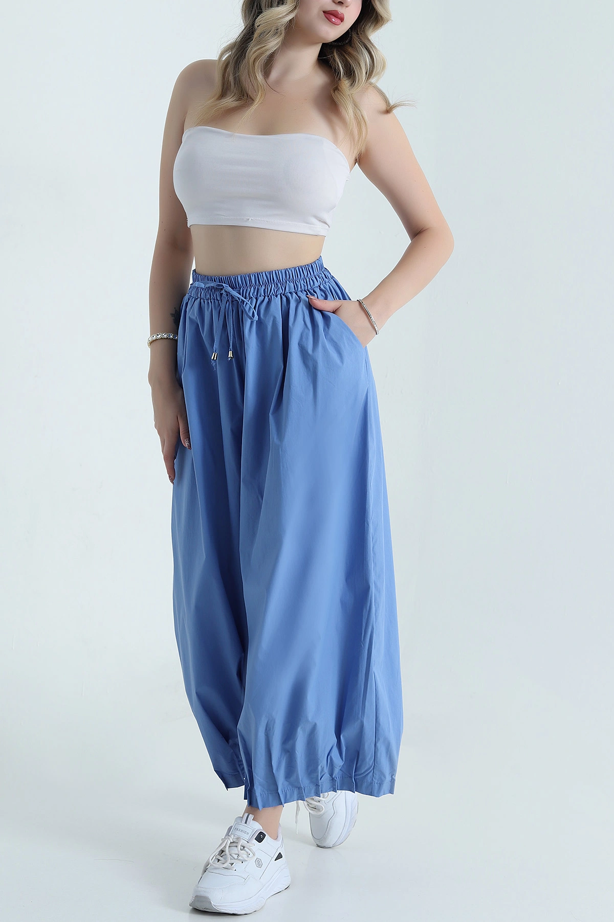 Mavi Paça Pileli Baggy Kadın Pantolon 478809