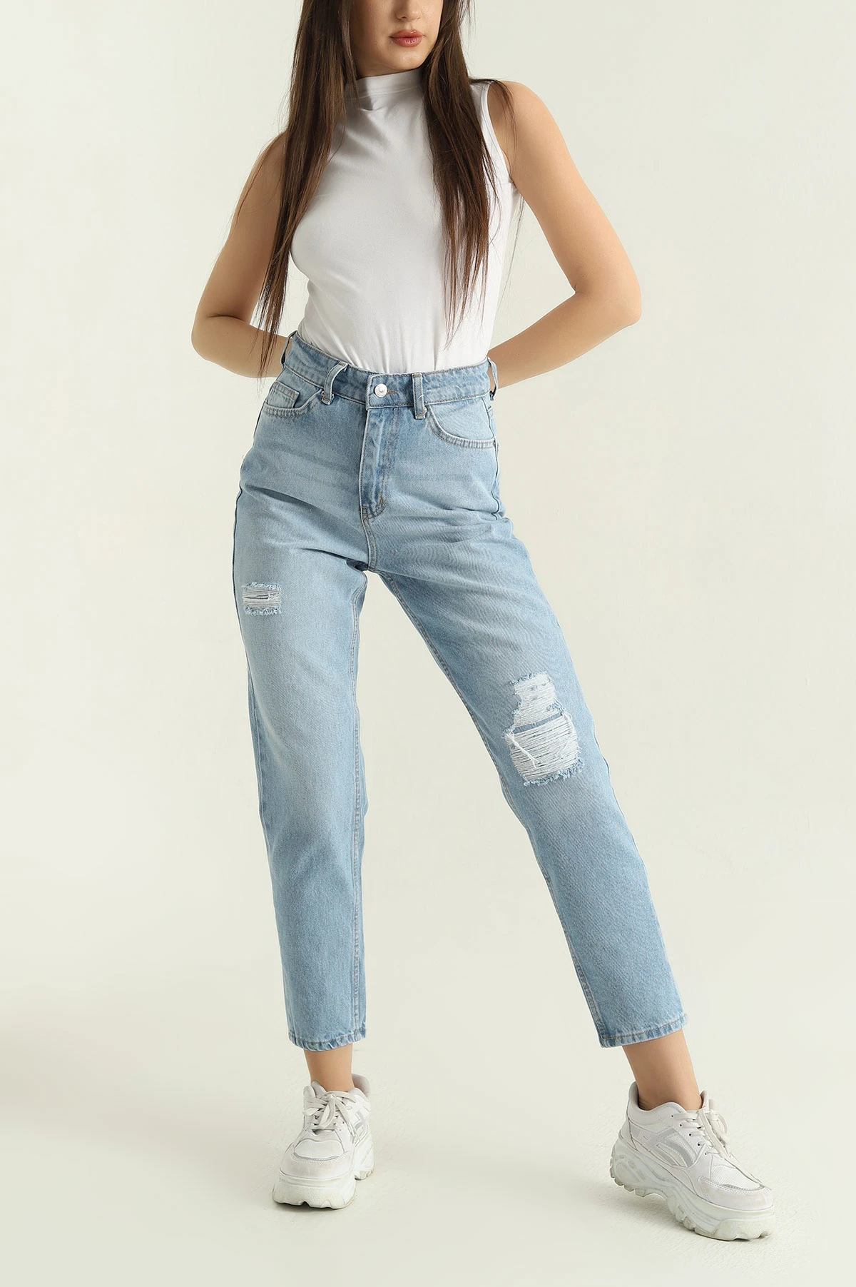 Mavi Pençli Yırtık Mom Kot Pantolon 334794