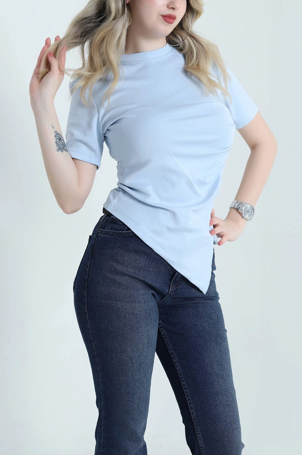 Mavi Pileli Asimetrik Kesim Kadın Bluz 456012