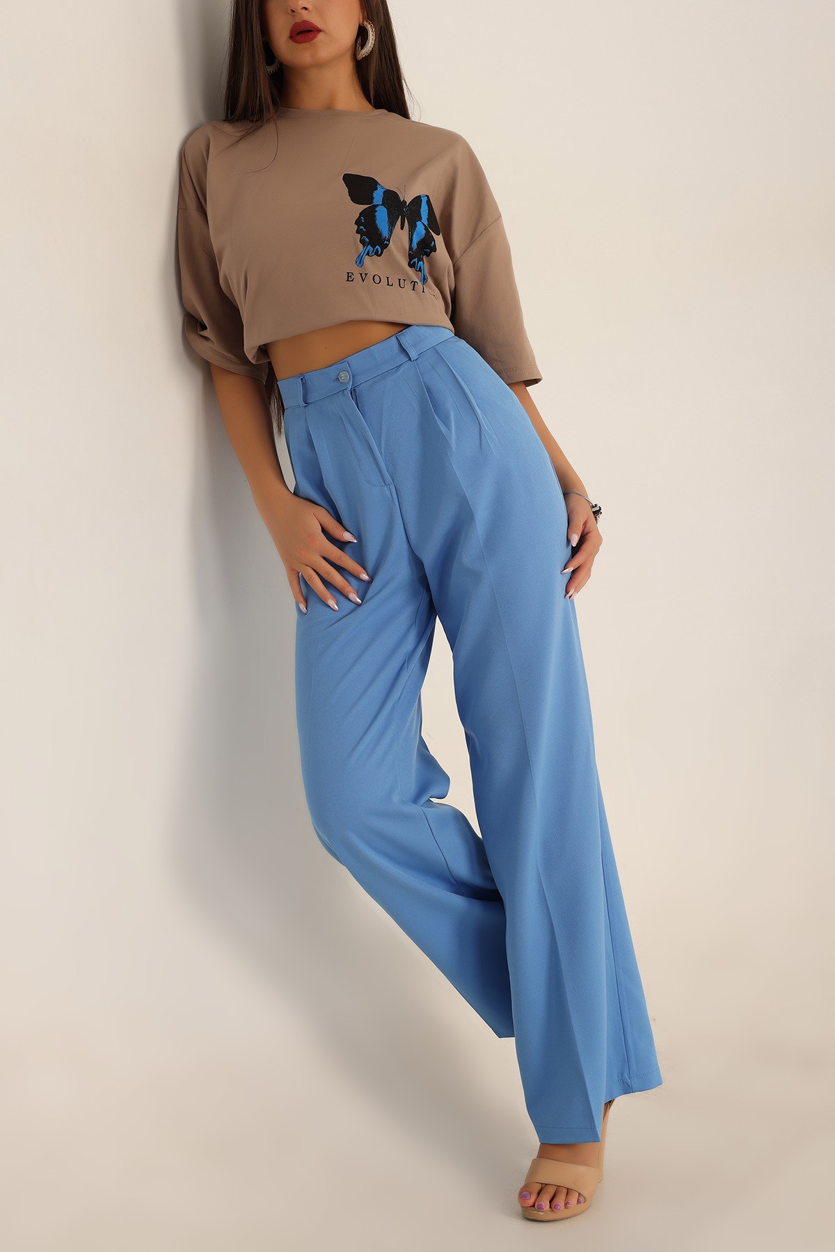 Mavi Pileli Palazzo Bayan Pantalon 196242