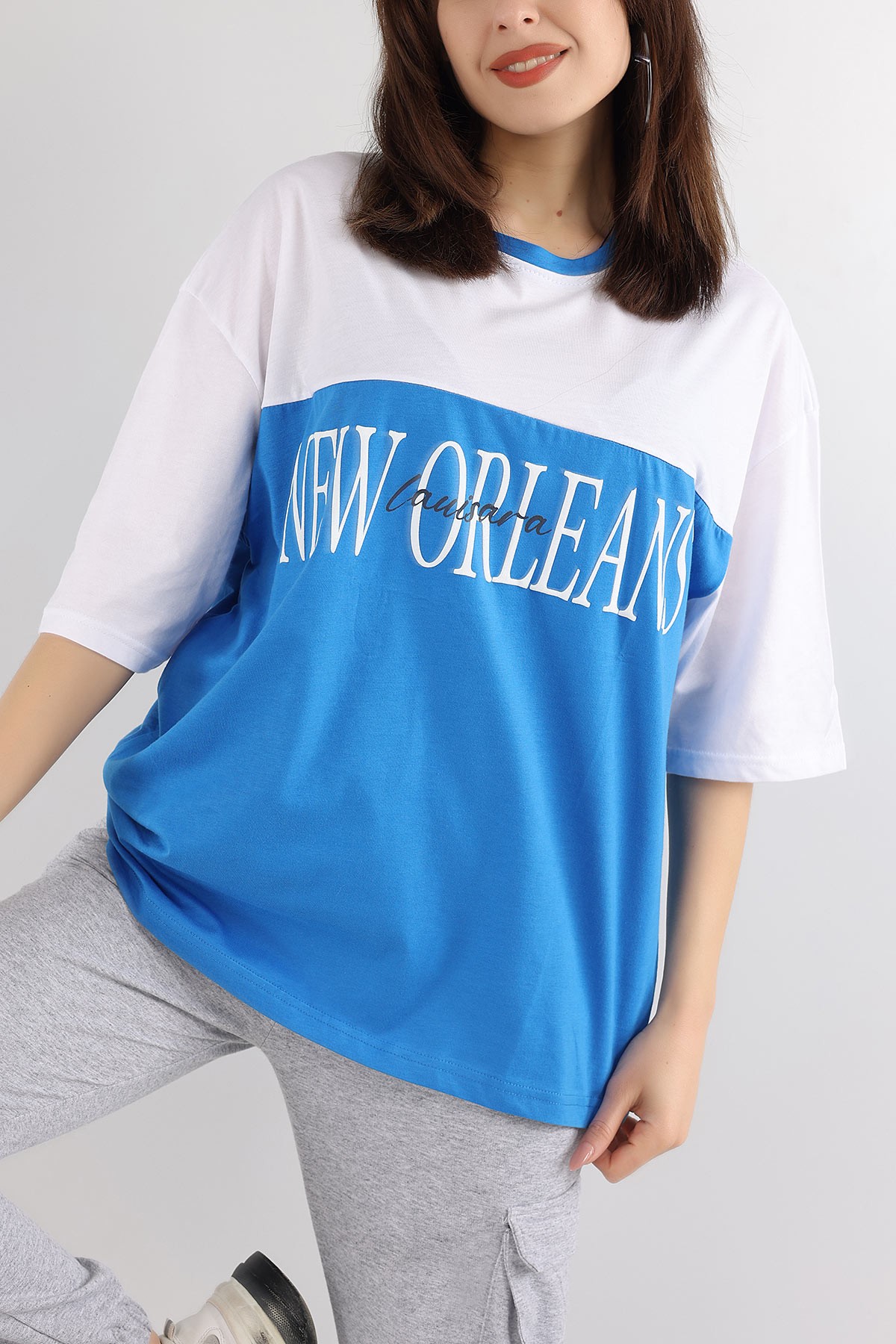 Mavi Plastik Baskılı Oversize Tişört 166212