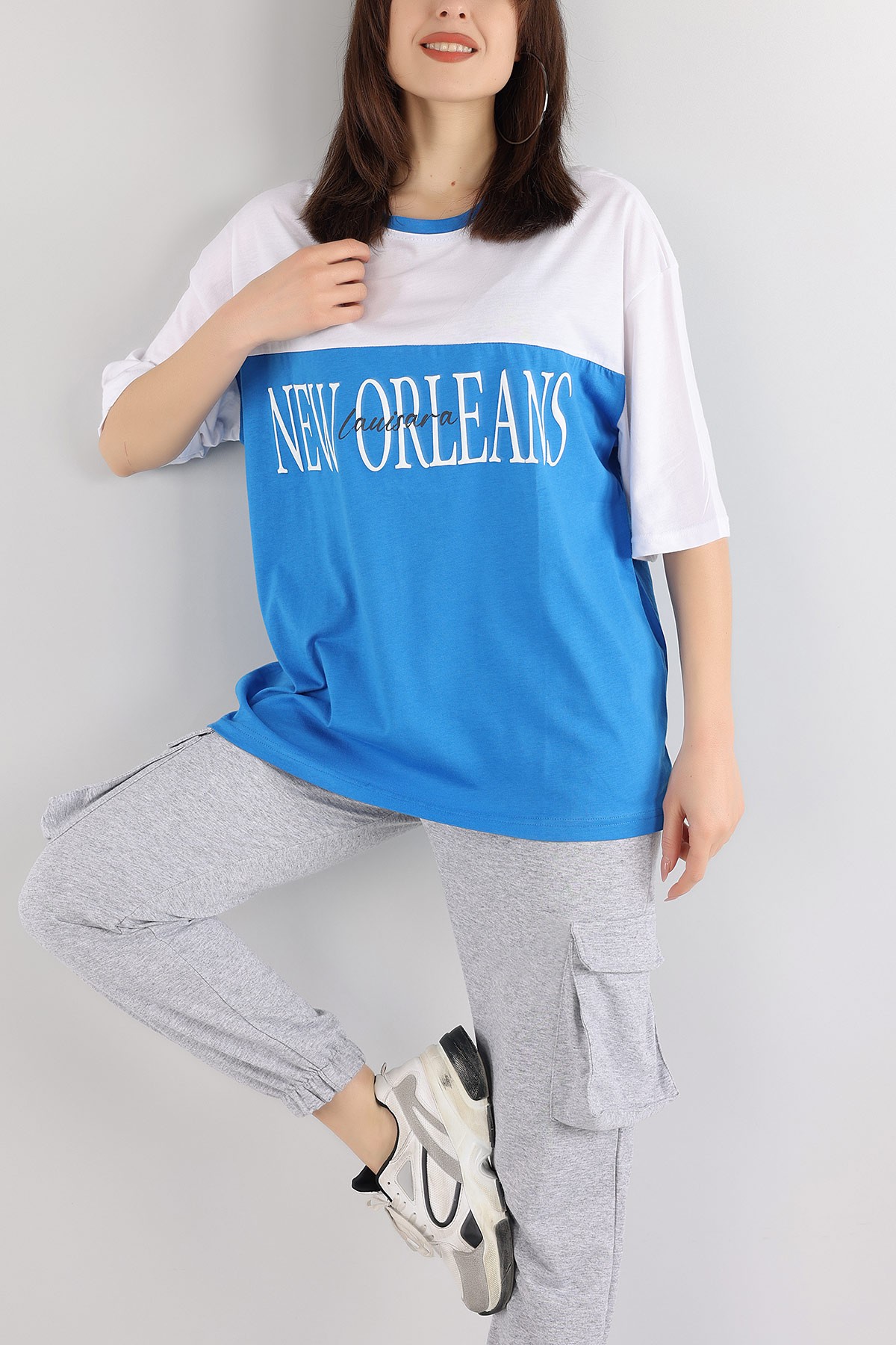 Mavi Plastik Baskılı Oversize Tişört 166212