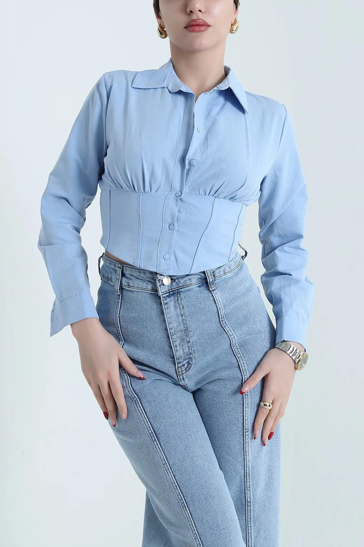 Mavi Poplin Kadın Korse Gömlek 441655