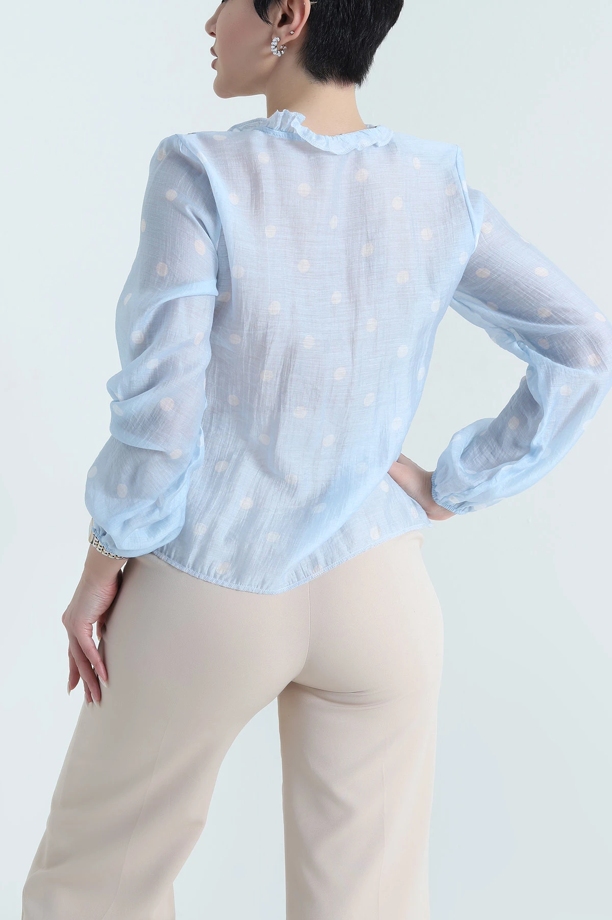 Mavi Puantiyeli Fırfırlı Tencel Kadın Gömlek 448292
