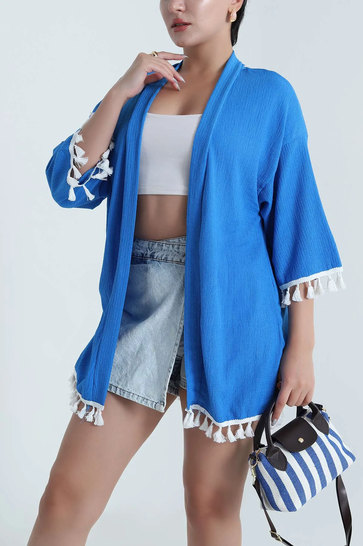 Mavi Püsküllü Bürümcük Kadın Kimono 481650