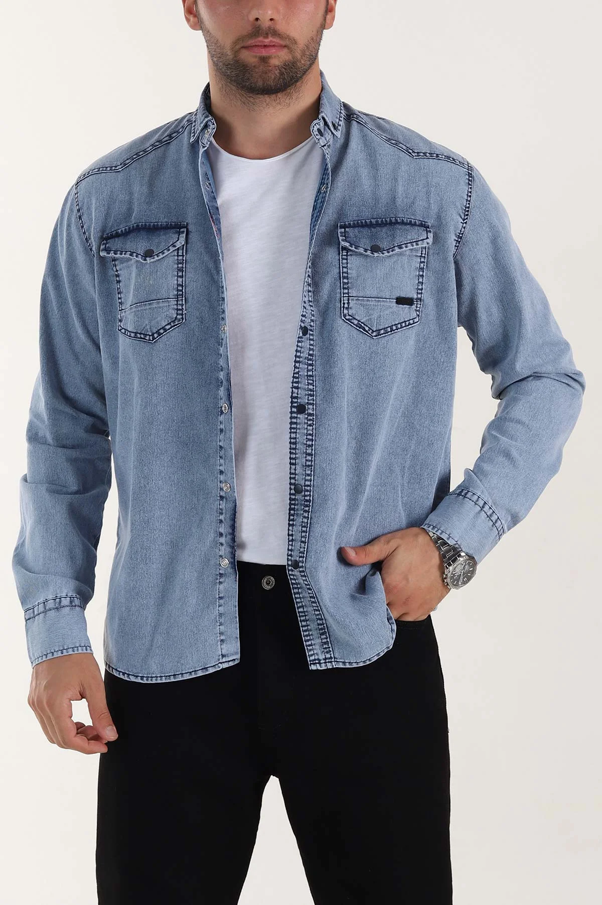 Mavi Regular Fit Çift Cep Detaylı Yıkamalı Erkek Kot Gömlek 397962