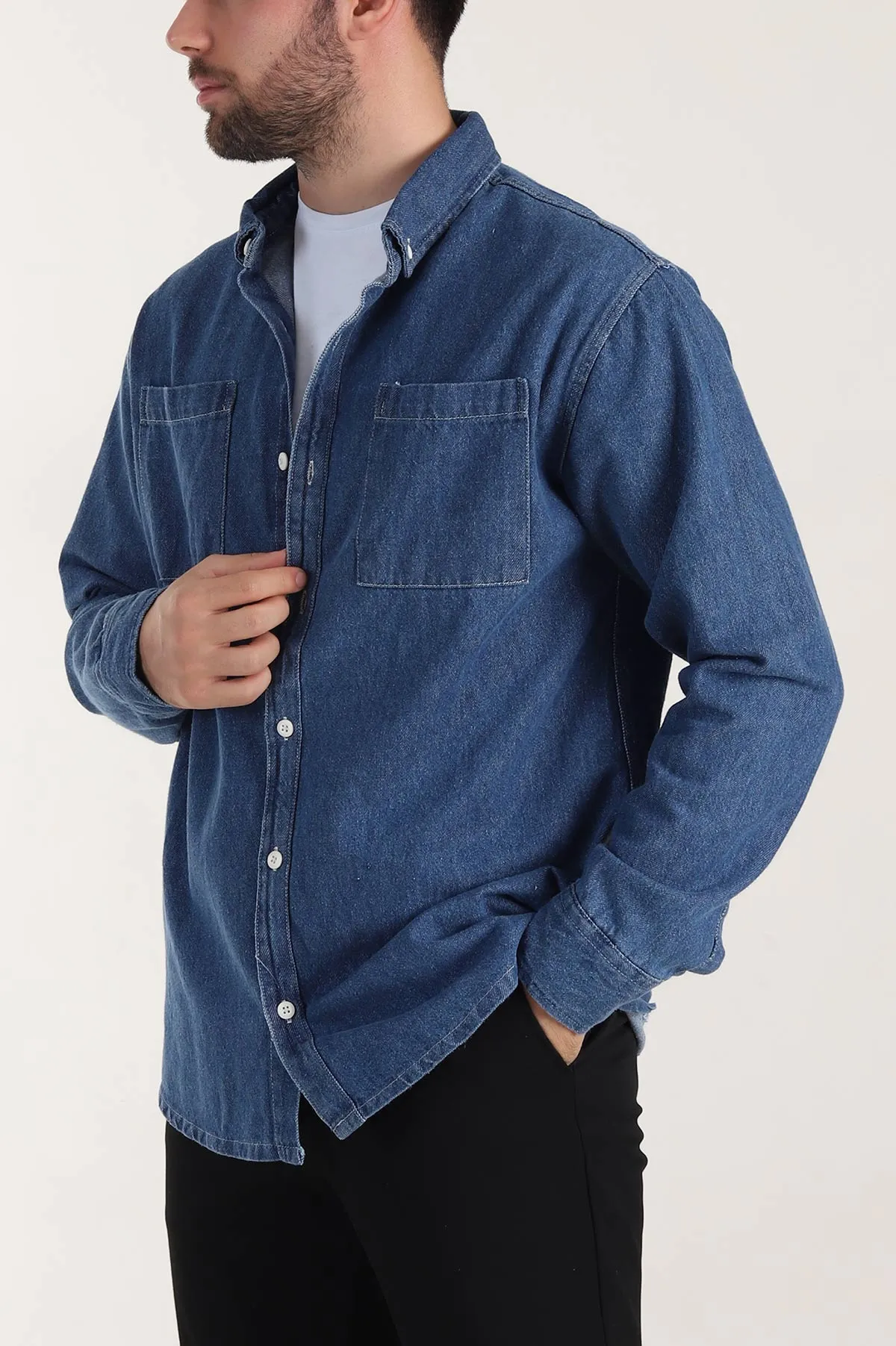 Mavi Relaxed Fit Çift Cep Detaylı Erkek Kot Gömlek 409205