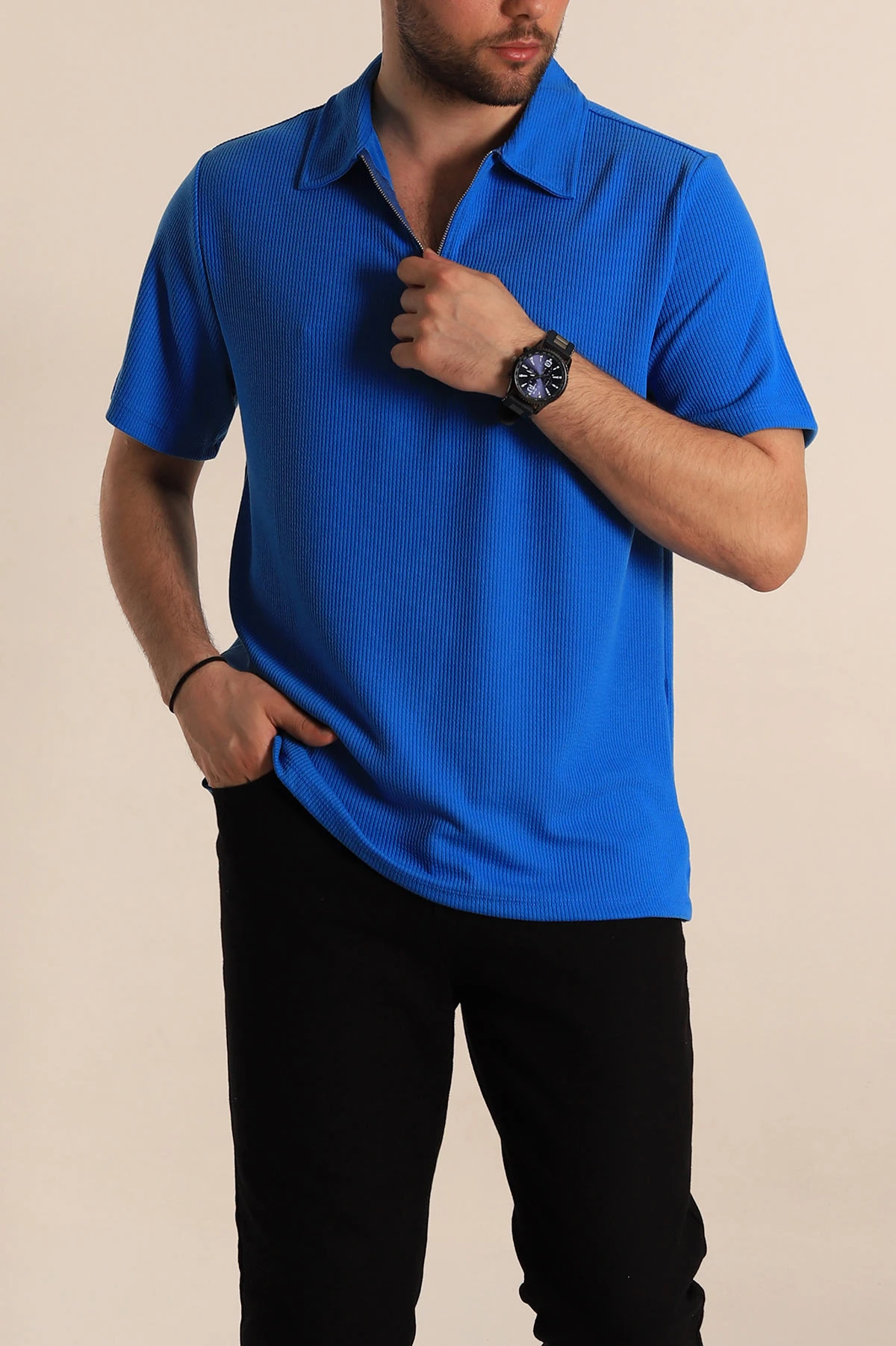 Mavi Relaxed Fit Fitilli Doku Fermuarlı Polo Yaka Erkek Tişört 268310