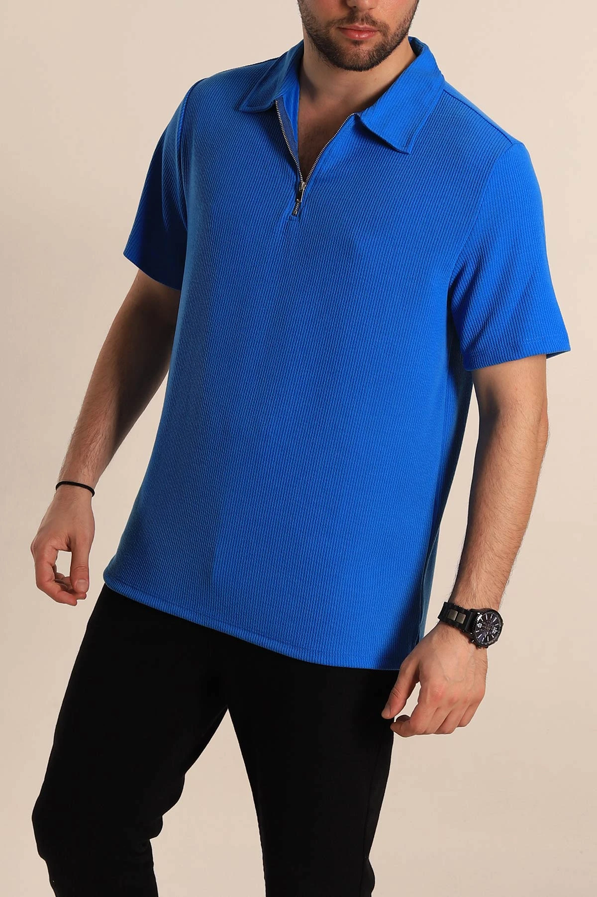 Mavi Relaxed Fit Fitilli Doku Fermuarlı Polo Yaka Erkek Tişört 268310