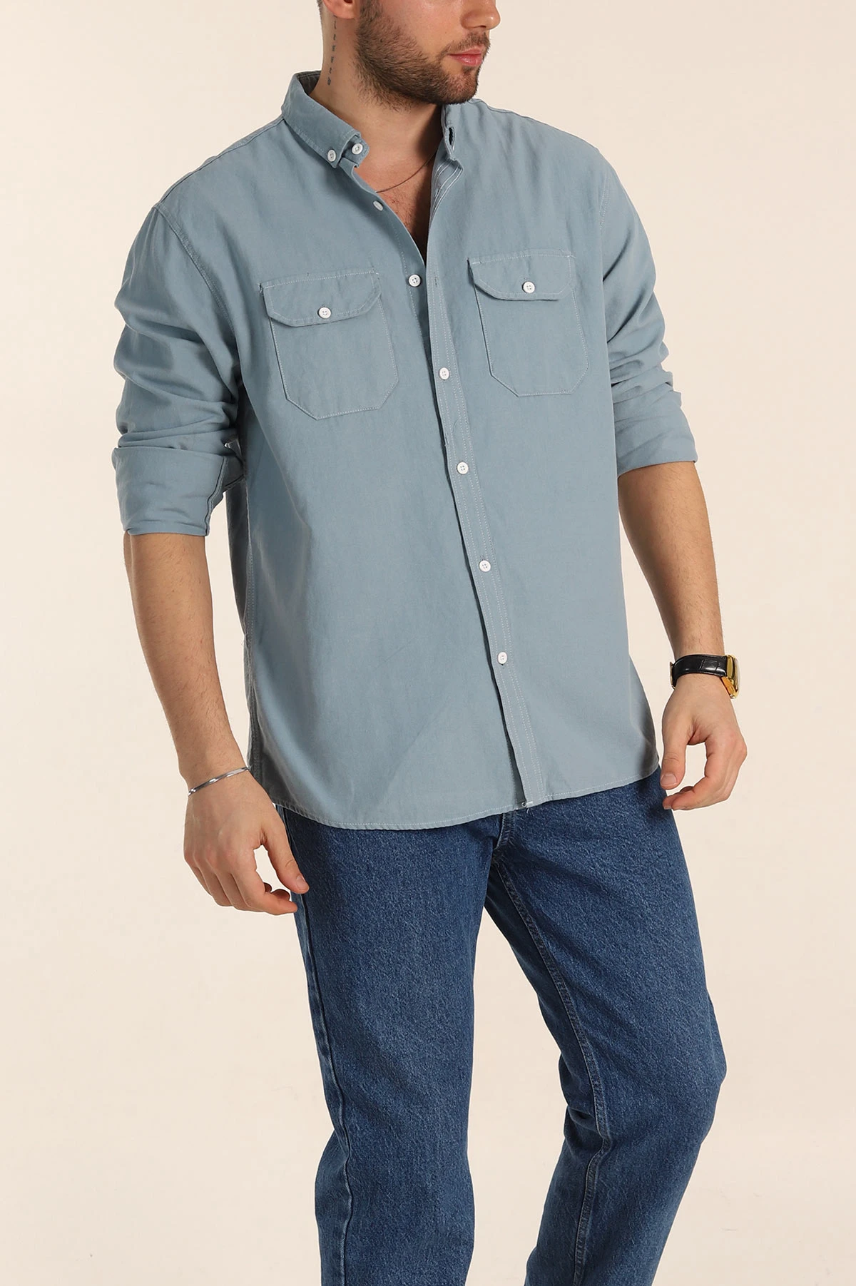 Mavi Relaxed Fit Gabardin Çift Cep Detaylı Ata Yaka Erkek Gömlek 339102