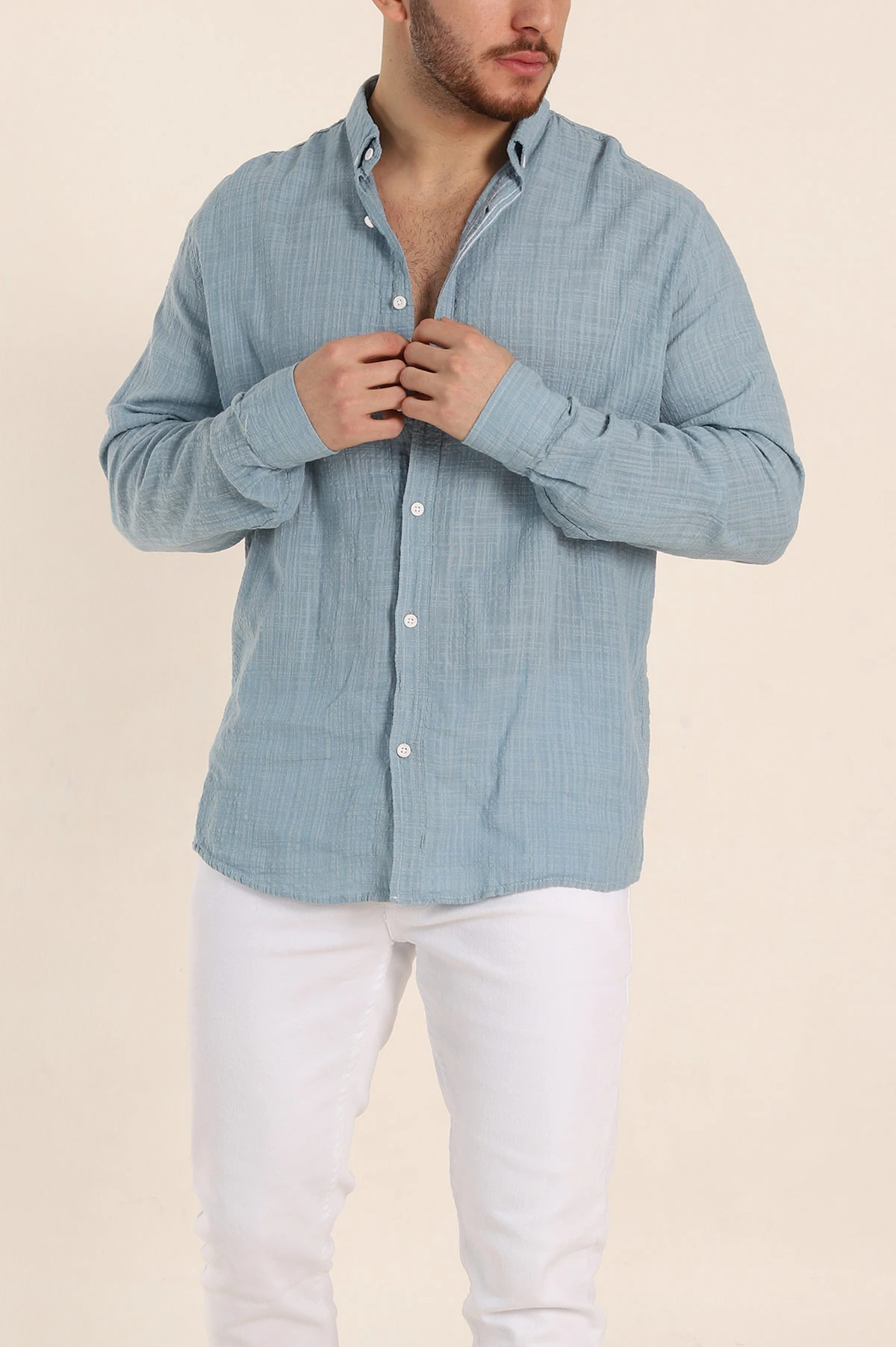Mavi Relaxed Fit Keten Kare Dokulu Ata Yaka Erkek Gömlek 339178
