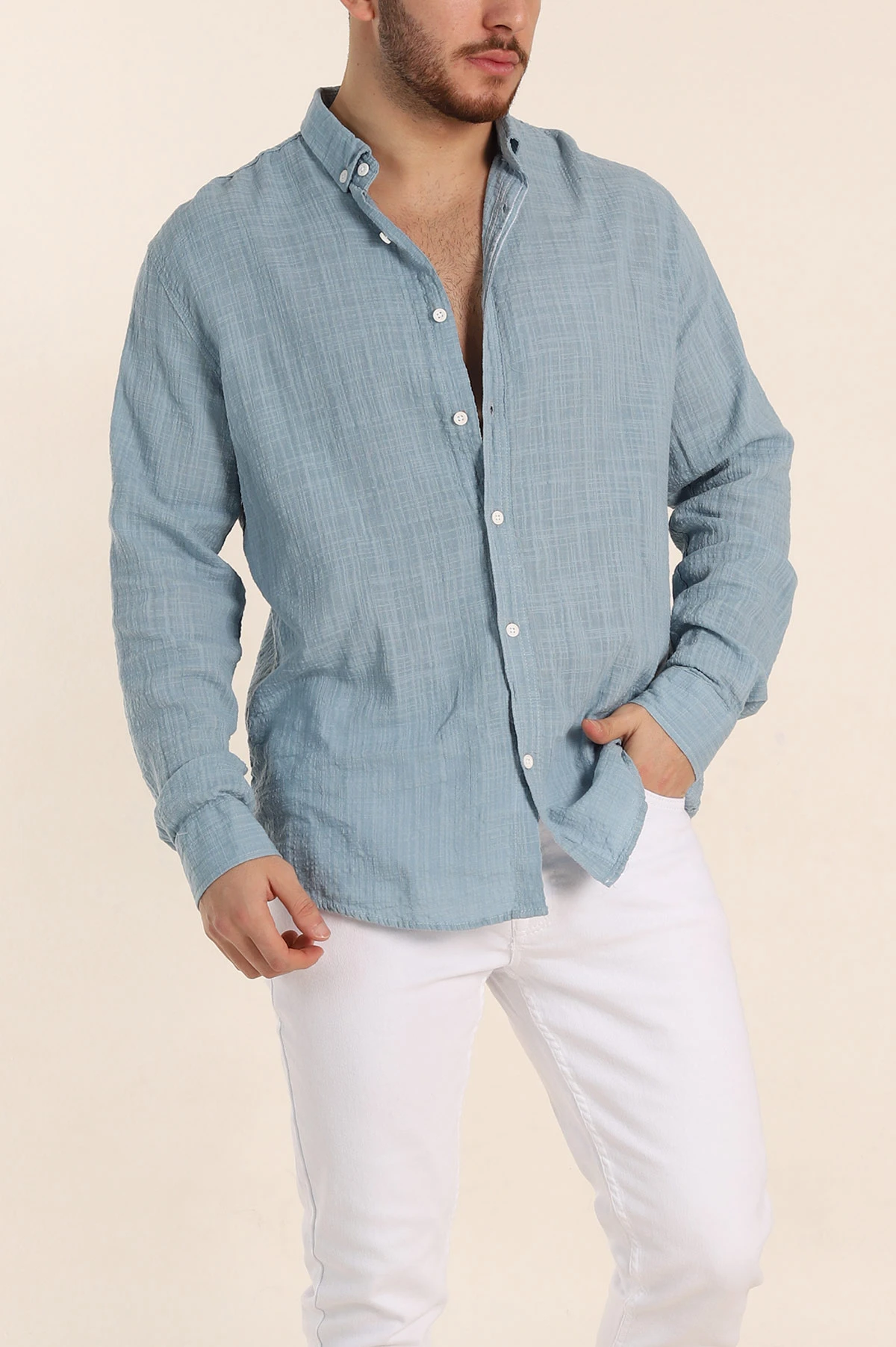 Mavi Relaxed Fit Keten Kare Dokulu Ata Yaka Erkek Gömlek 339178