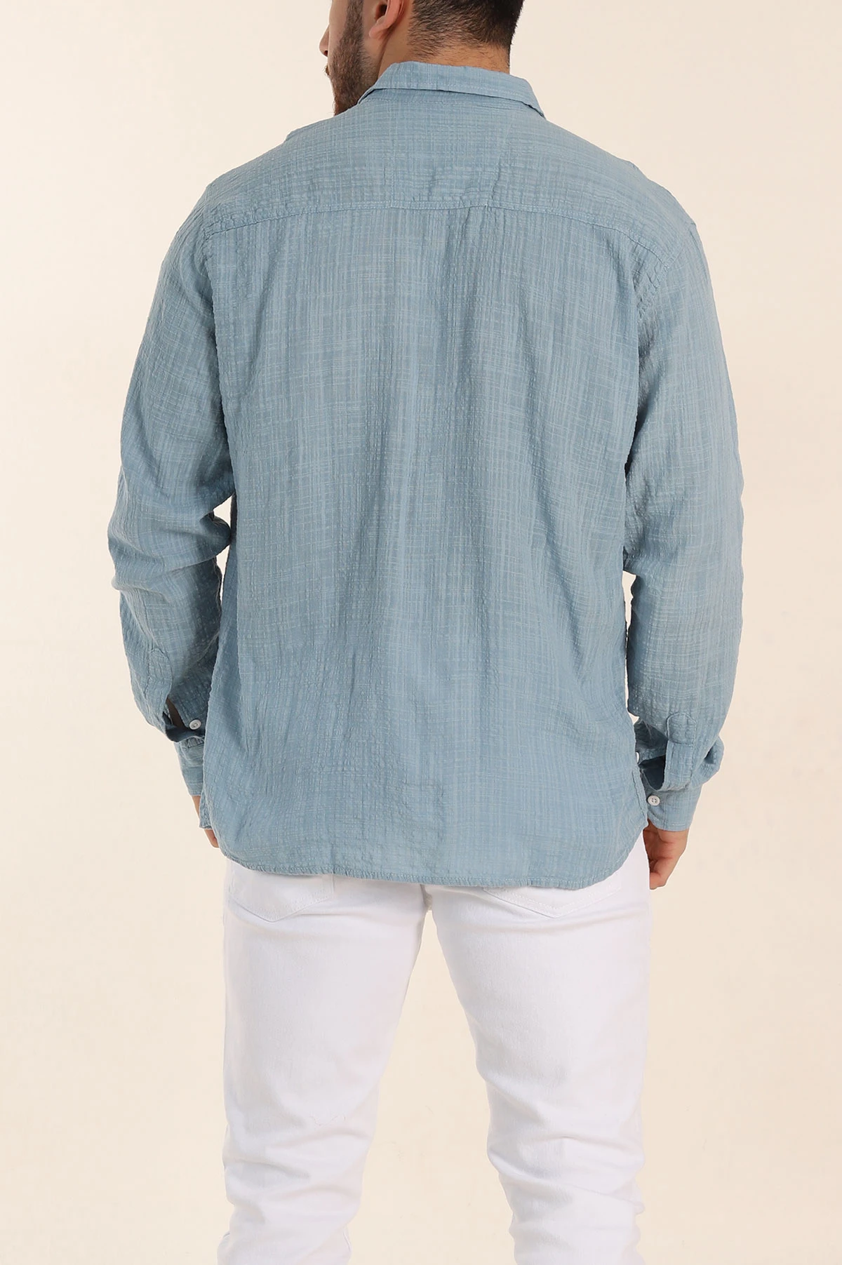 Mavi Relaxed Fit Keten Kare Dokulu Ata Yaka Erkek Gömlek 339178