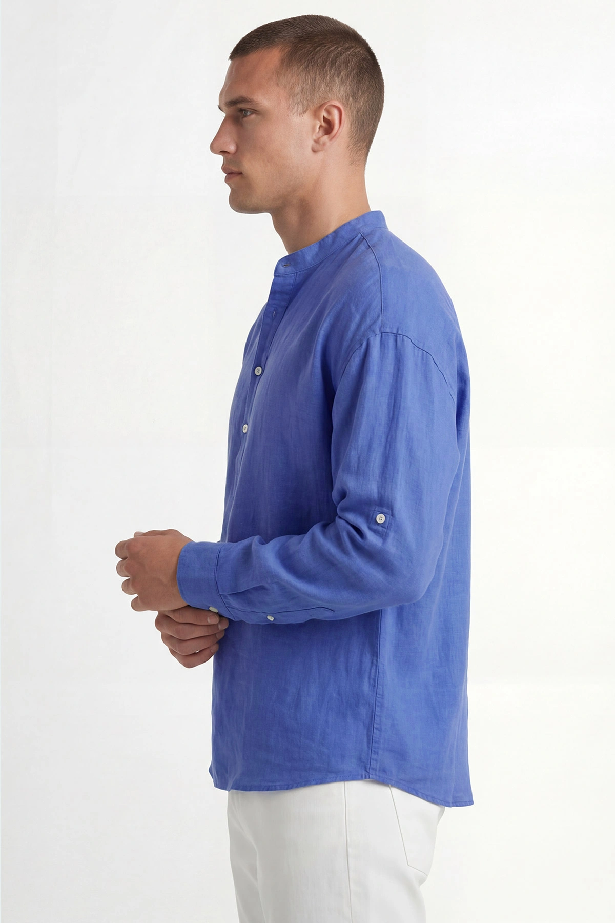 Mavi Relaxed Fit Keten Yarım Düğmeli Hakim Yaka Erkek Gömlek 435882