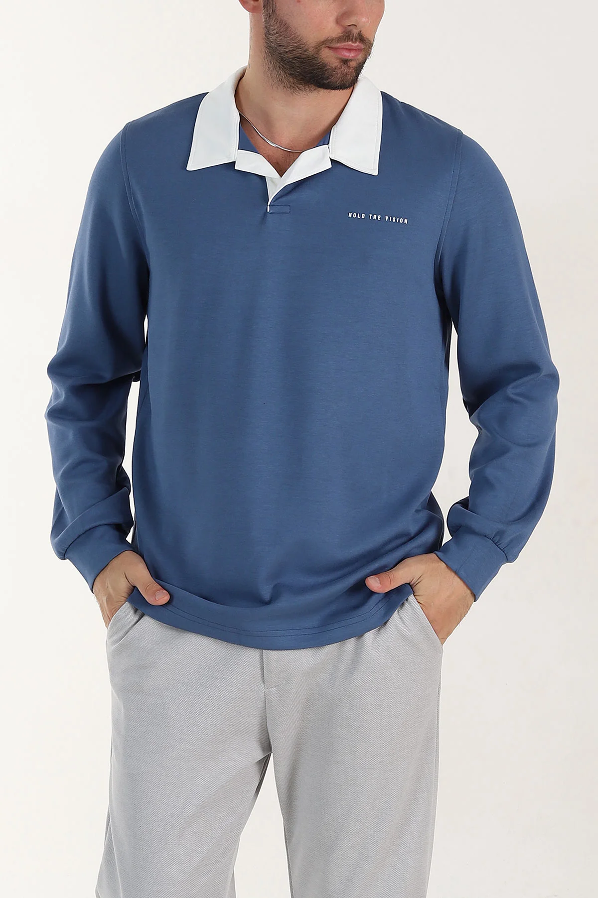 Mavi Relaxed Fit Oysho Kumaş Kabartma Yazılı Polo Yaka Erkek Sweatshirt 399587