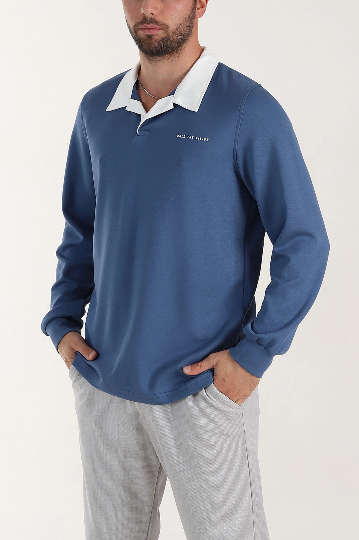 Mavi Relaxed Fit Oysho Kumaş Kabartma Yazılı Polo Yaka Erkek Sweatshirt 399587