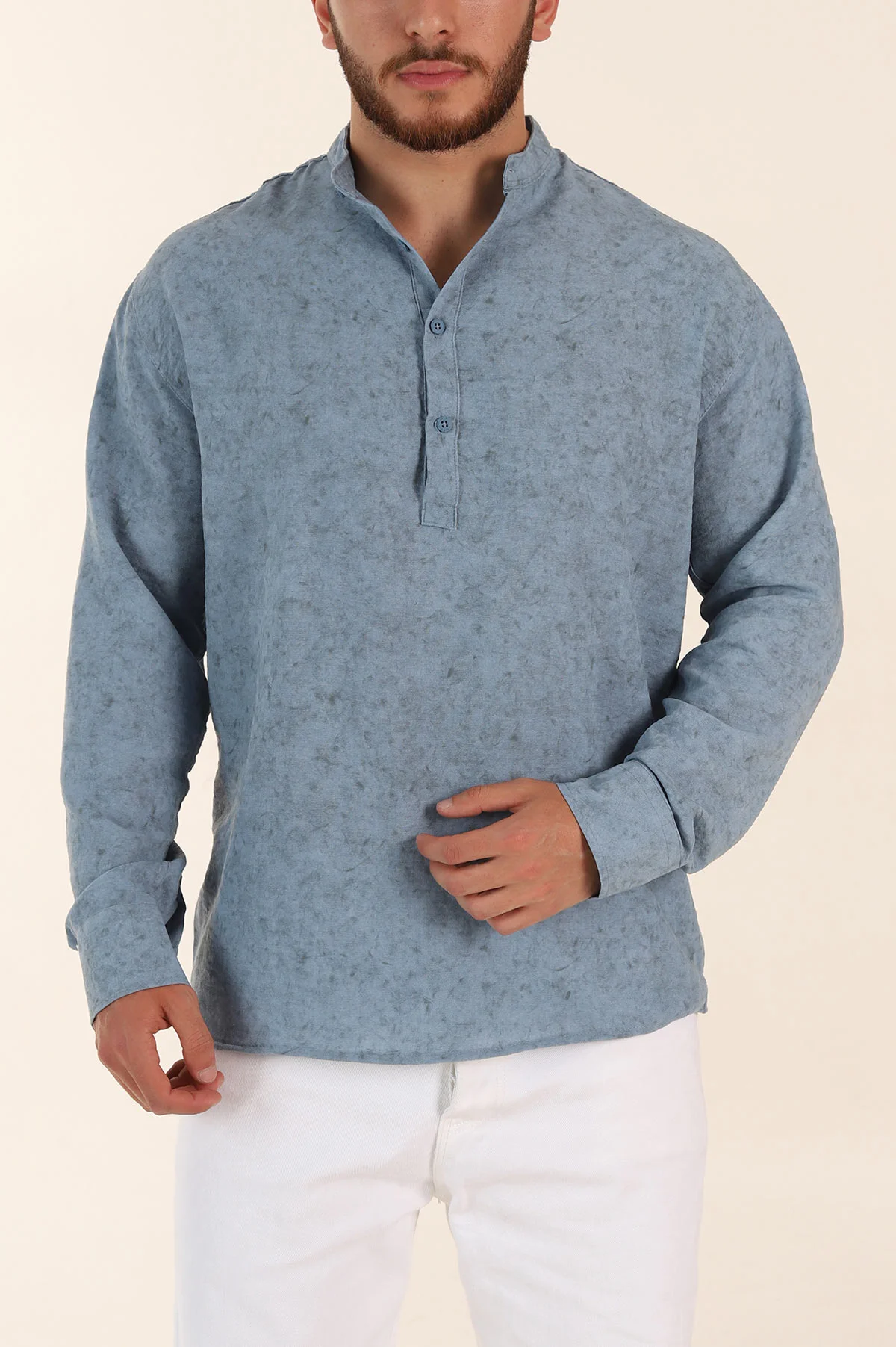 Mavi Relaxed Fit Yarım Düğmeli Hakim Yaka Uzun Kollu Erkek Gömlek 369361