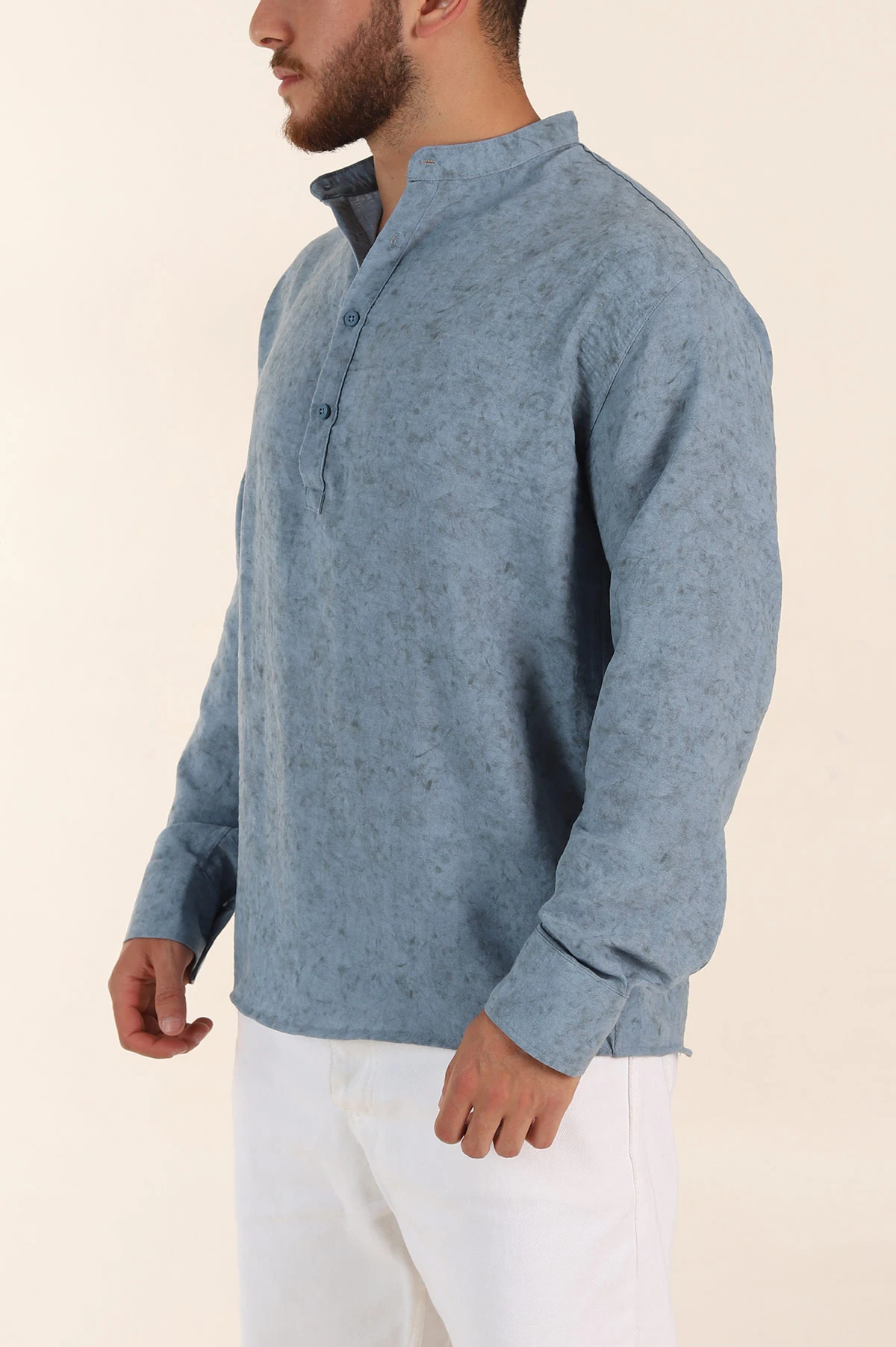 Mavi Relaxed Fit Yarım Düğmeli Hakim Yaka Uzun Kollu Erkek Gömlek 369361