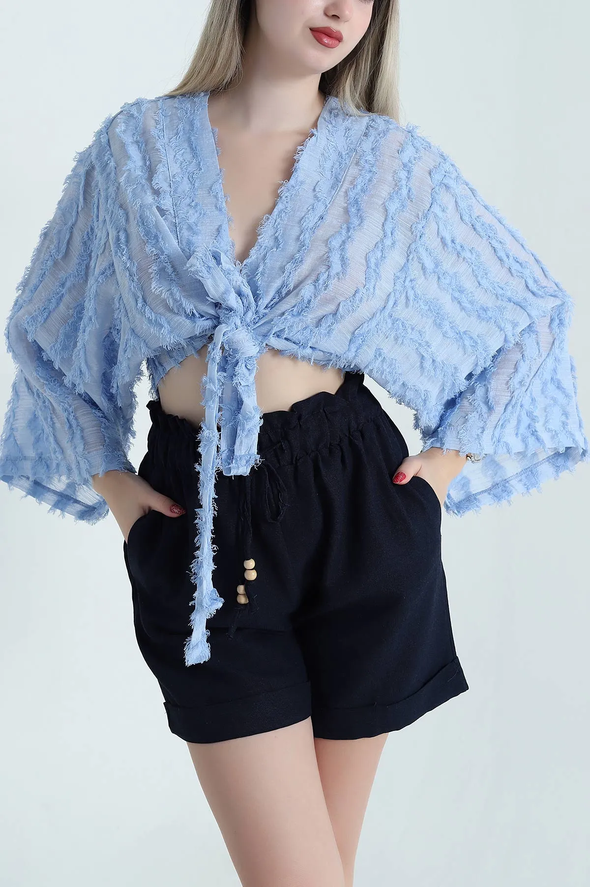 Mavi Saçaklı Kimono Kadın Bluz 467011
