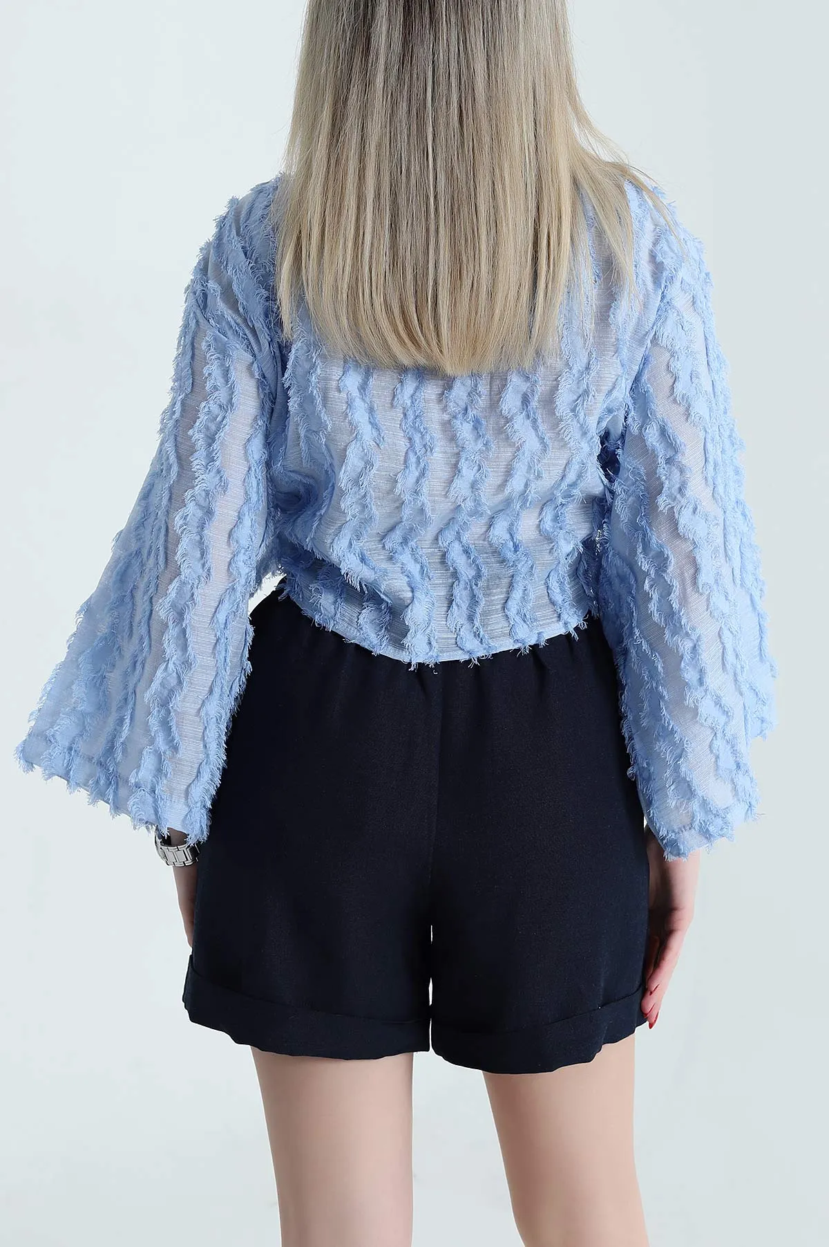 Mavi Saçaklı Kimono Kadın Bluz 467011