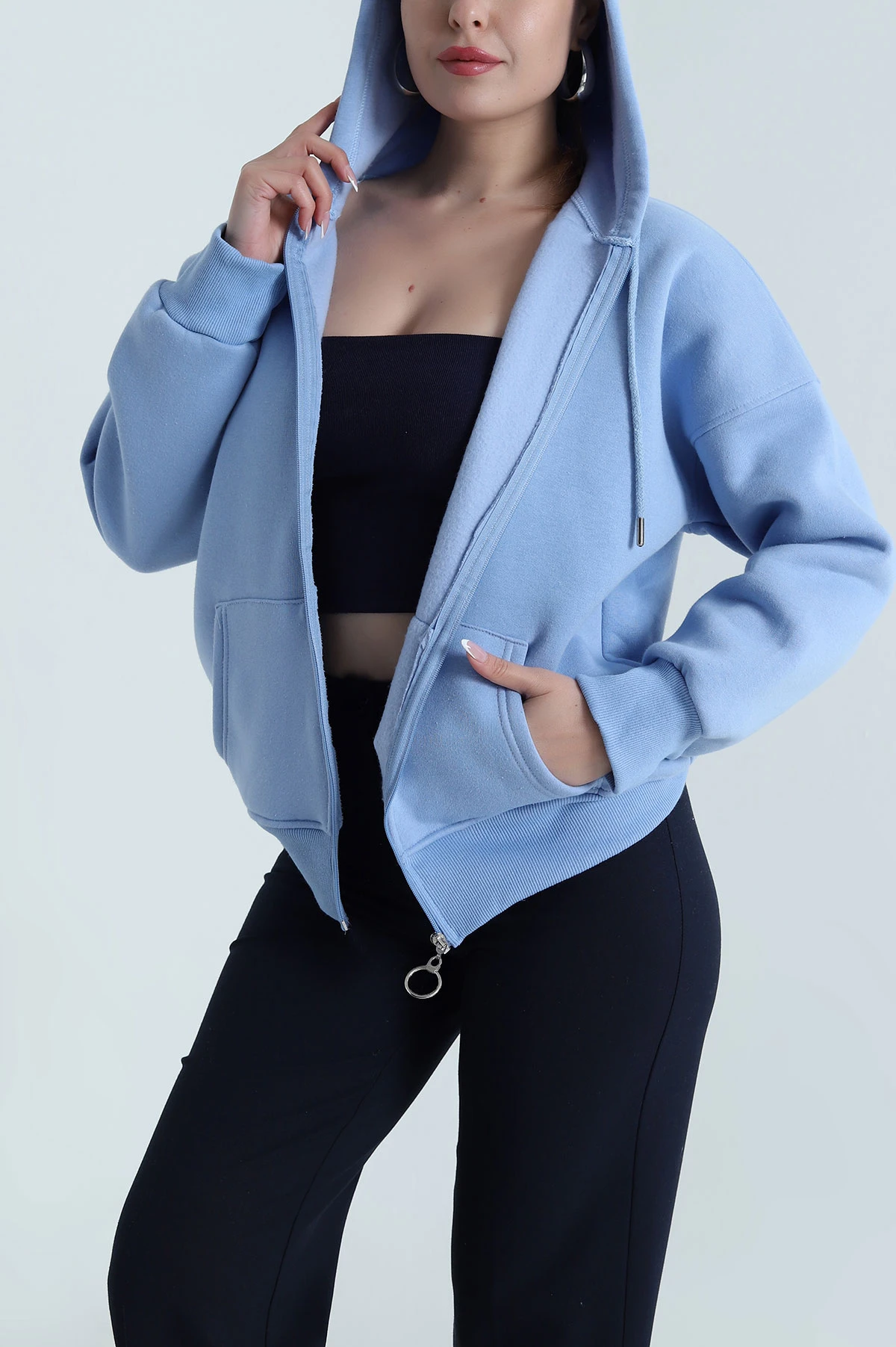Mavi Şardonlu Üç İp Fermuarlı Kadın Sweat 484569