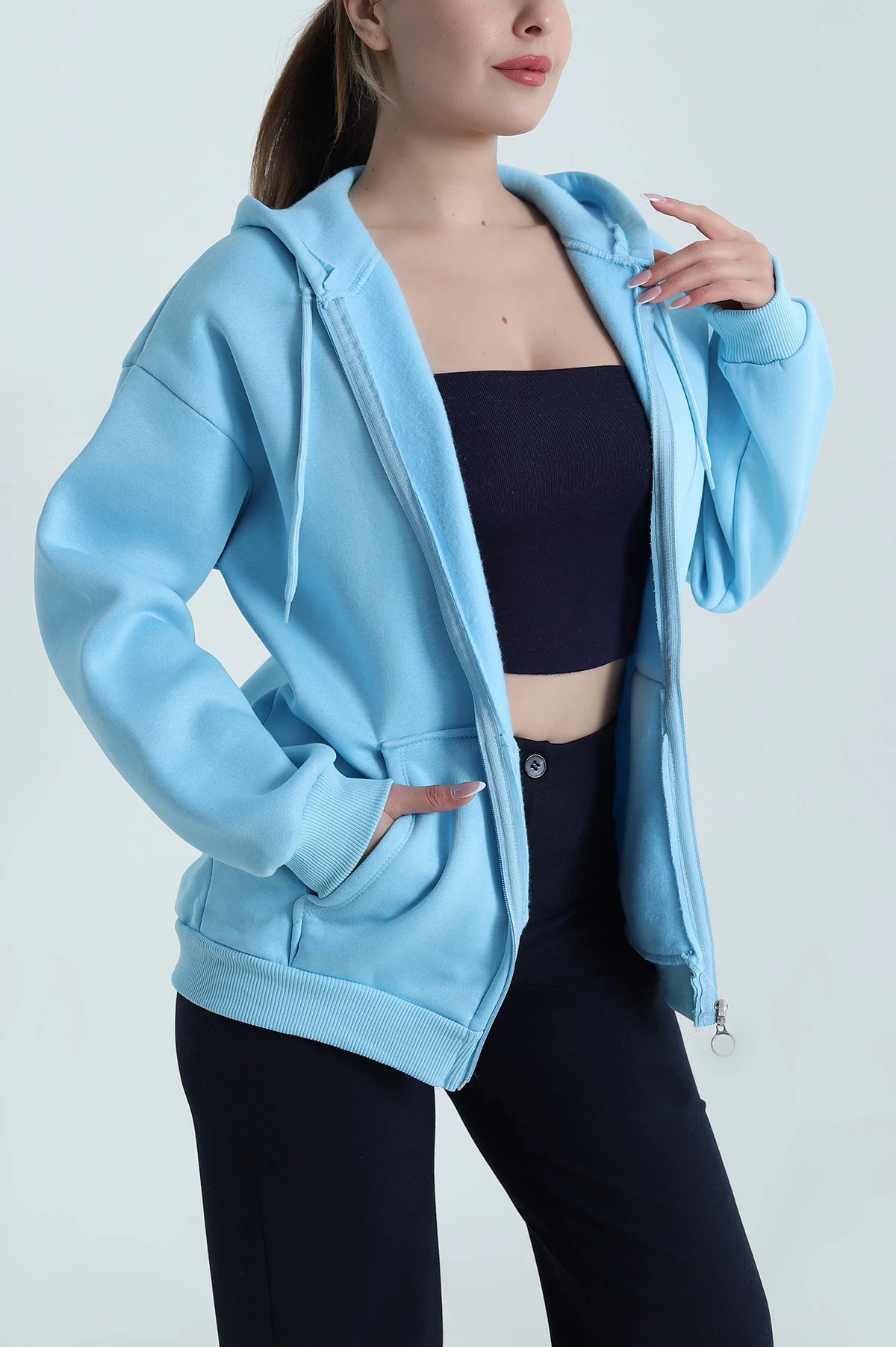 Mavi Şardonlu Üç İp Fermuarlı Kadın Sweat 485280
