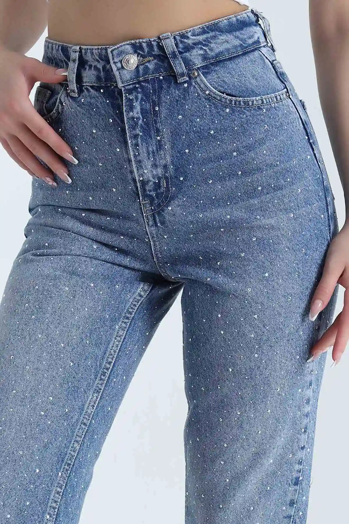 Mavi Serpme Taşlı Mom Kadın Kot Pantolon 457266