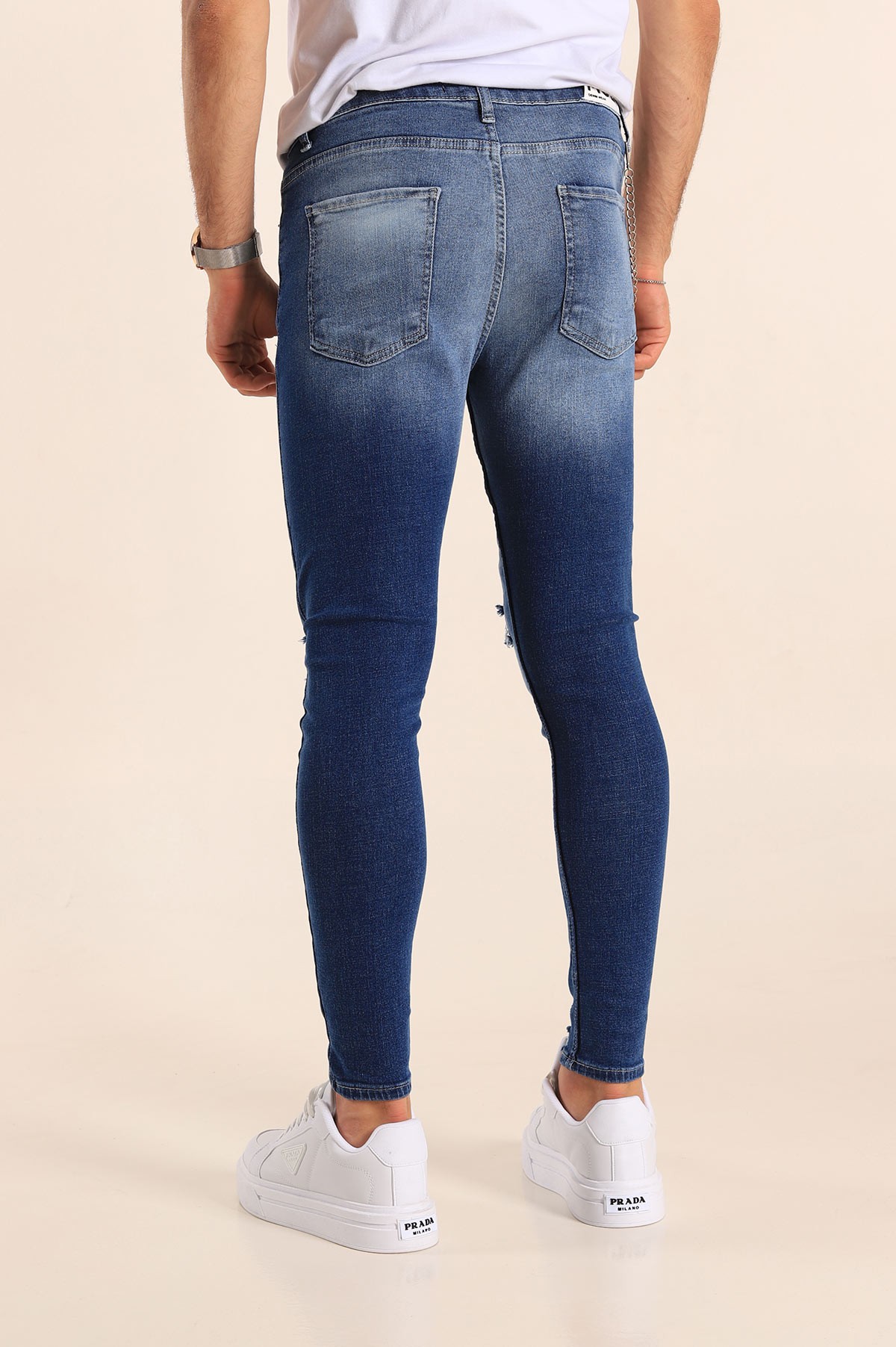 Mavi Skinny Fit Likralı Yırtık Zincir Detay Erkek Kot Pantolon 190438
