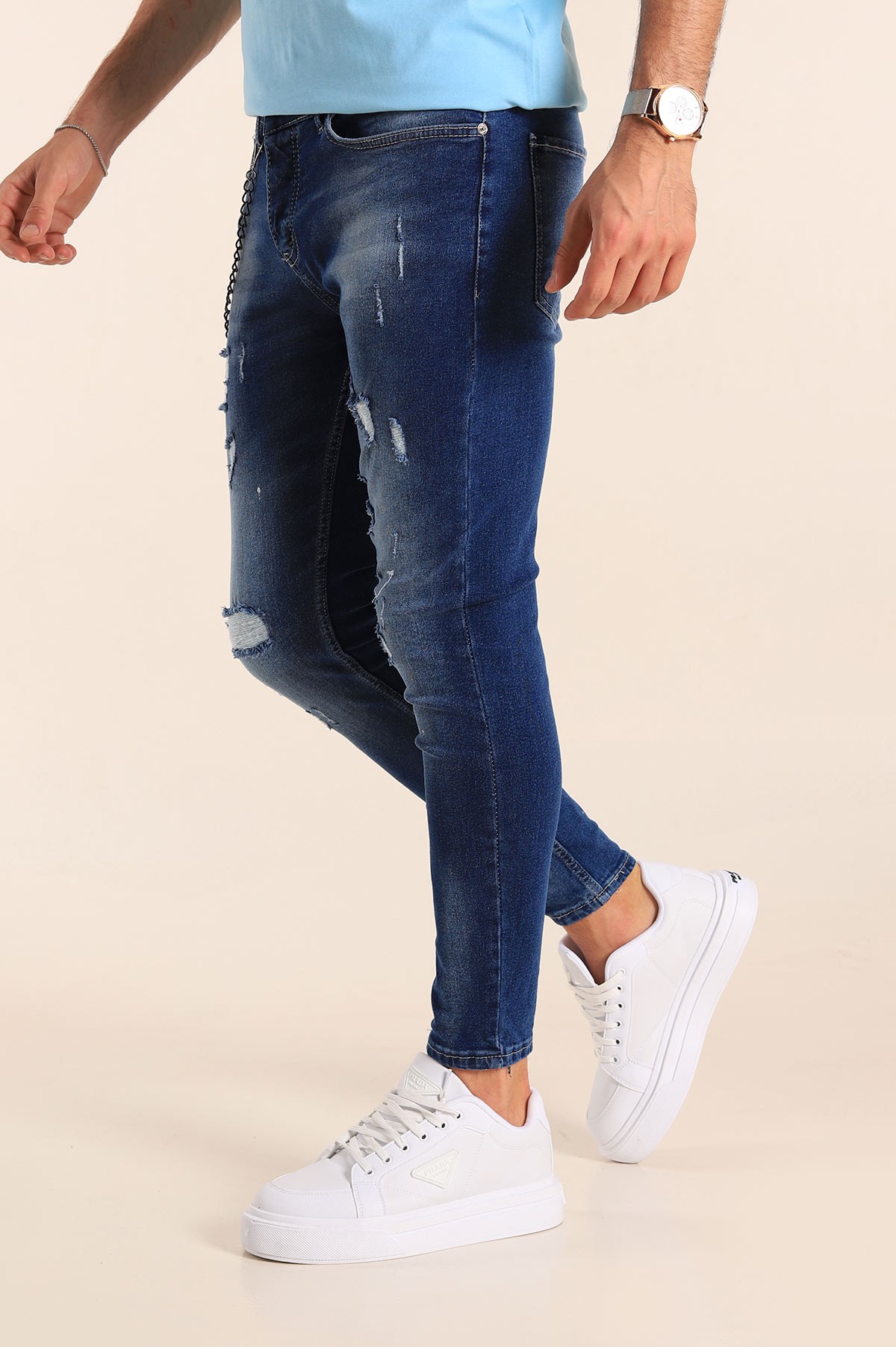 Mavi Skinny Fit Likralı Yırtık Zincir Detay Erkek Kot Pantolon 190440