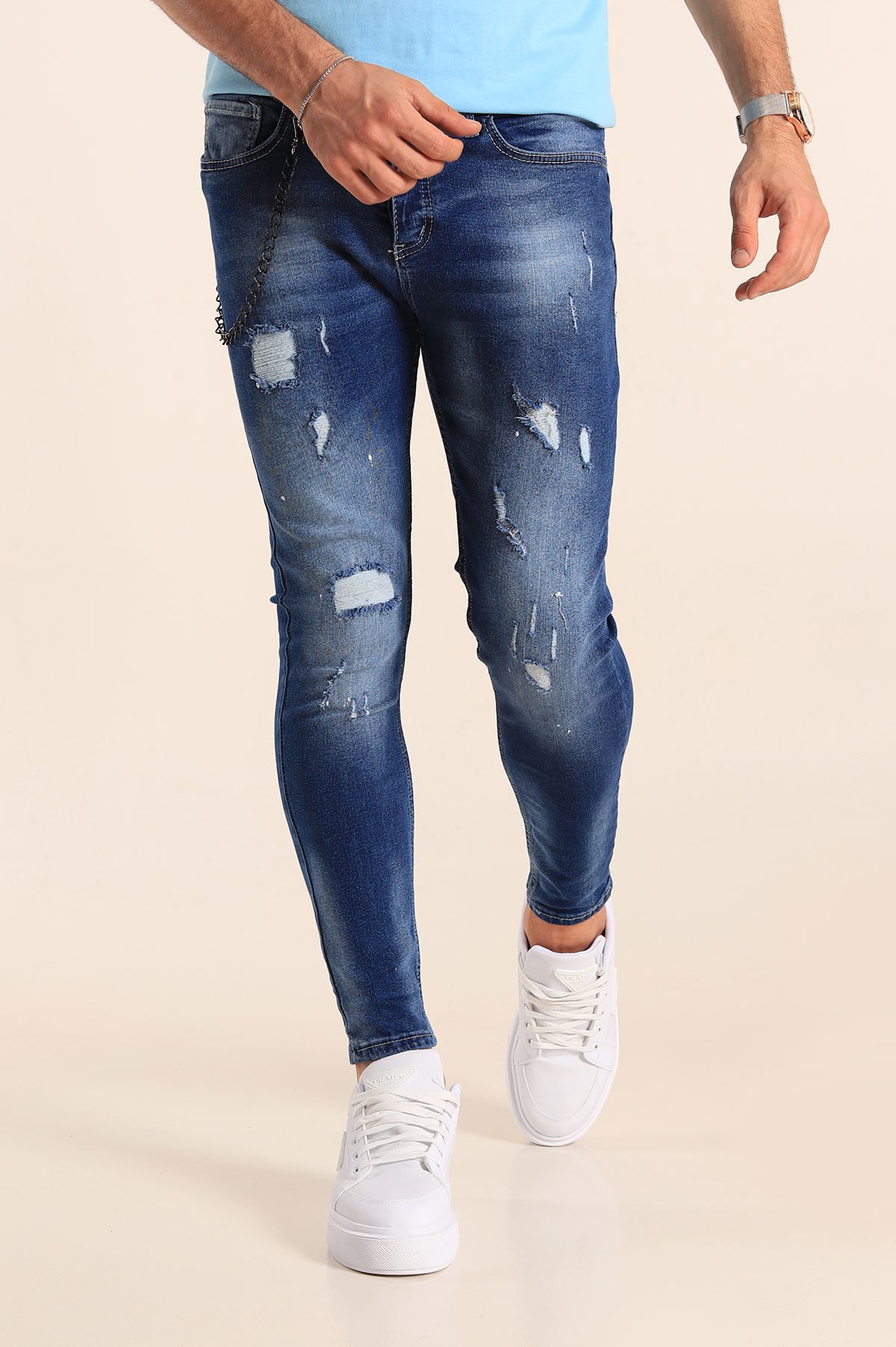 Mavi Skinny Fit Likralı Yırtık Zincir Detay Erkek Kot Pantolon 190440