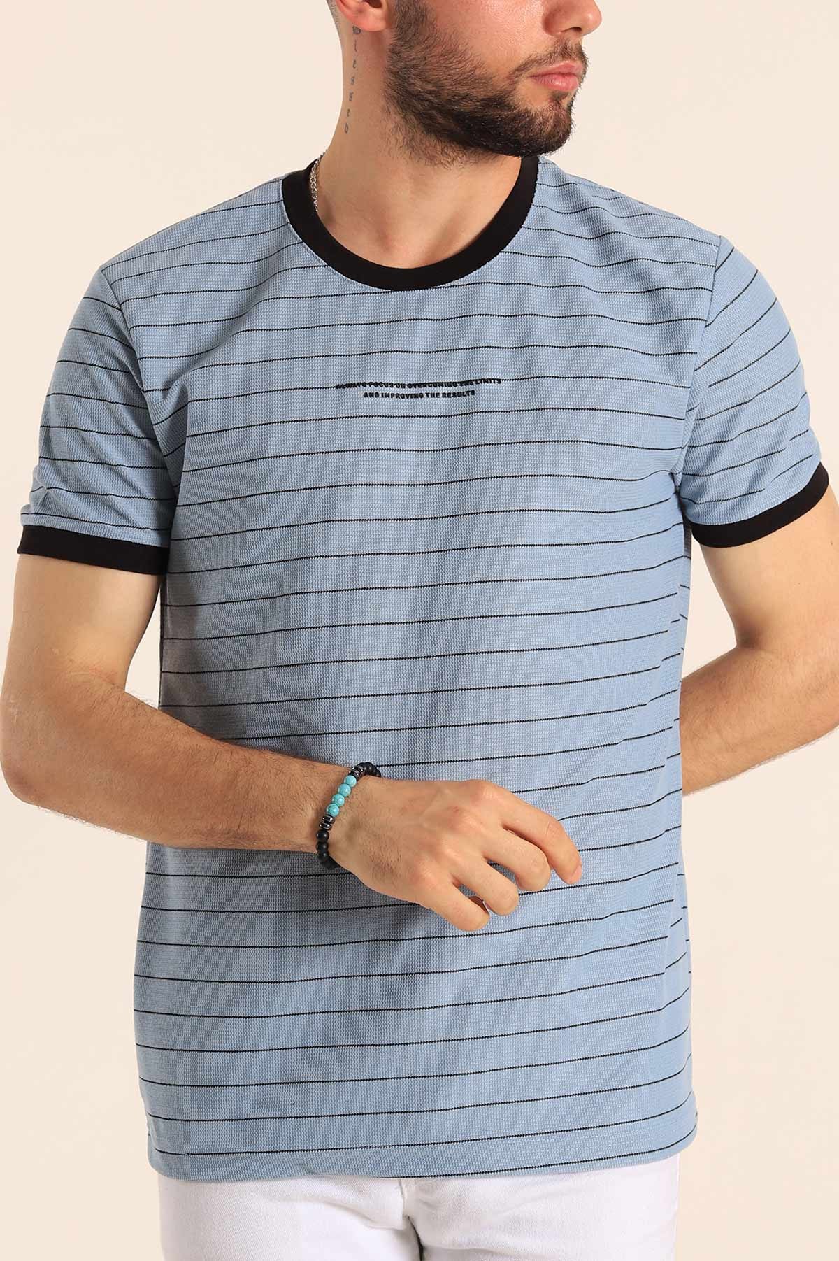 Mavi Slim Fit Kabartma Yazılı Çizgili Erkek Tişört 190004