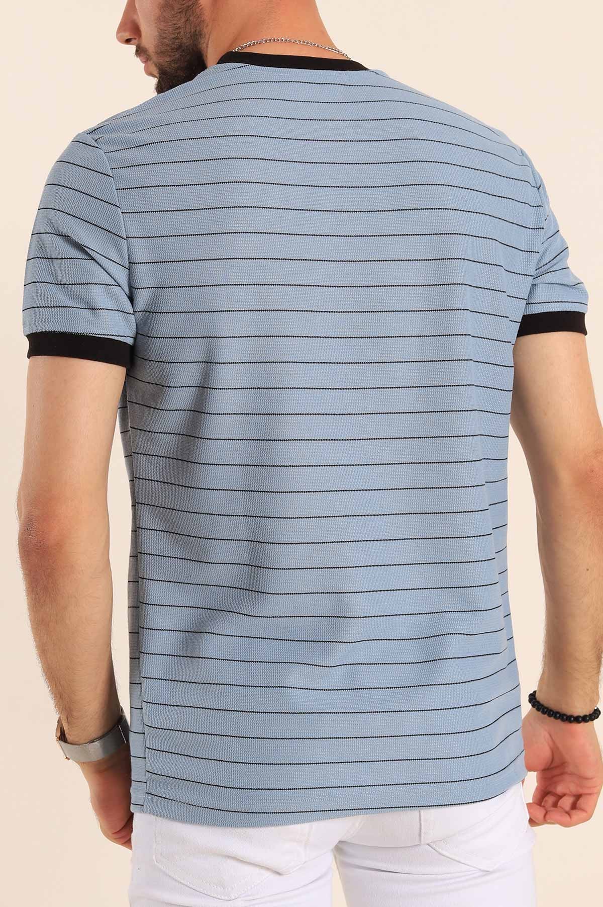 Mavi Slim Fit Kabartma Yazılı Çizgili Erkek Tişört 190004