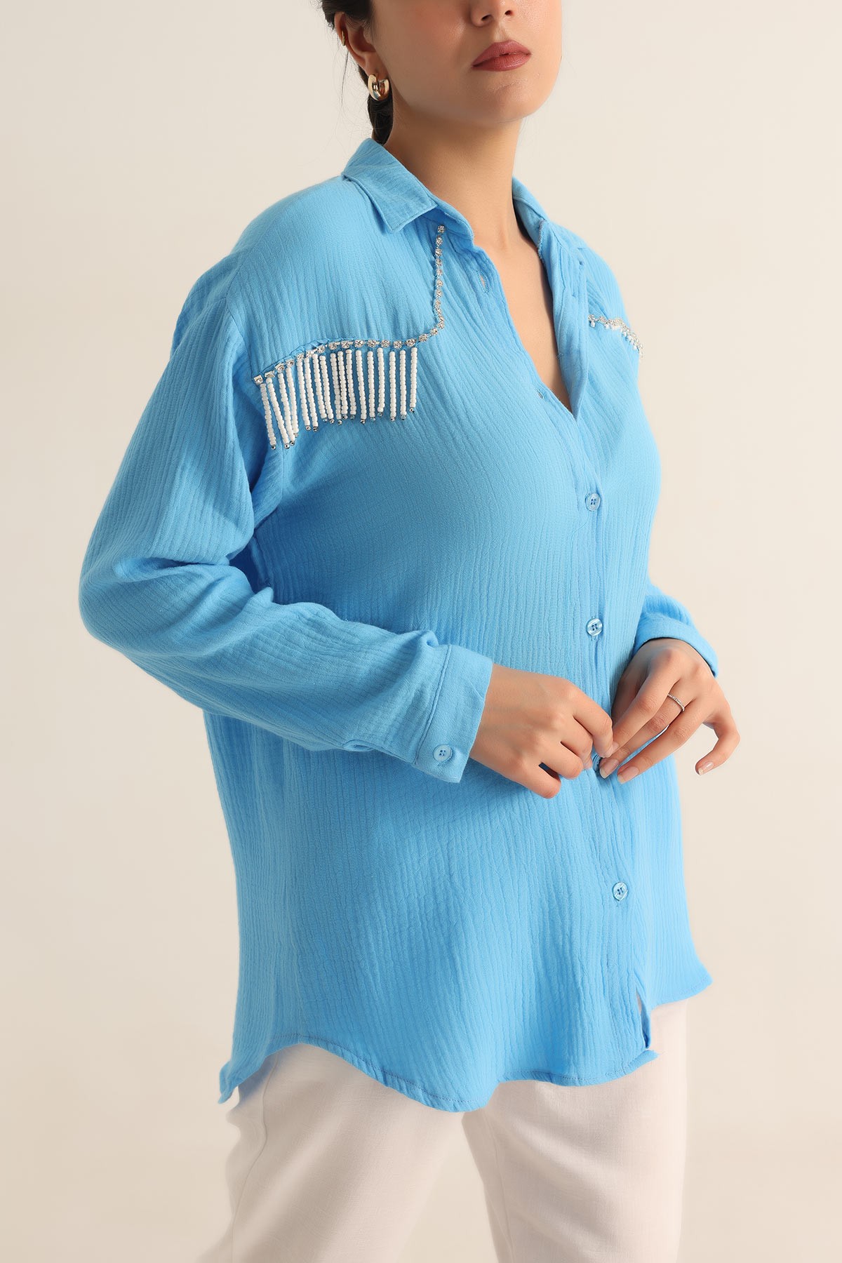Mavi Taş İşlemeli Keten Bayan Gömlek 185080
