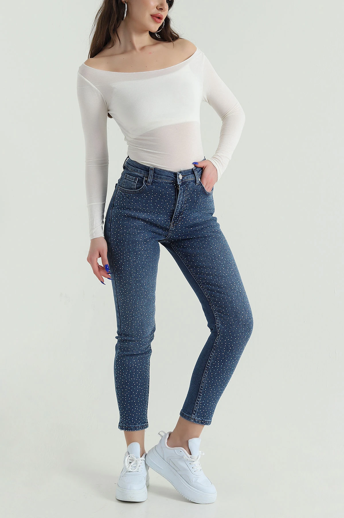 Mavi Taşlı Cepli Mom Kadın Kot Pantolon 424161