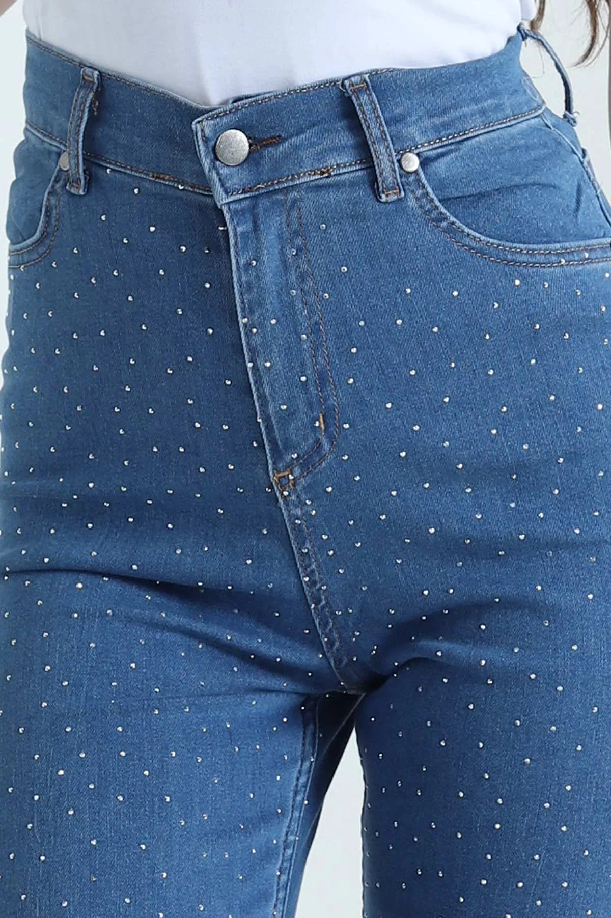 Mavi Taşlı Likralı Lazer Paça Kadın Kot Pantolon 452948