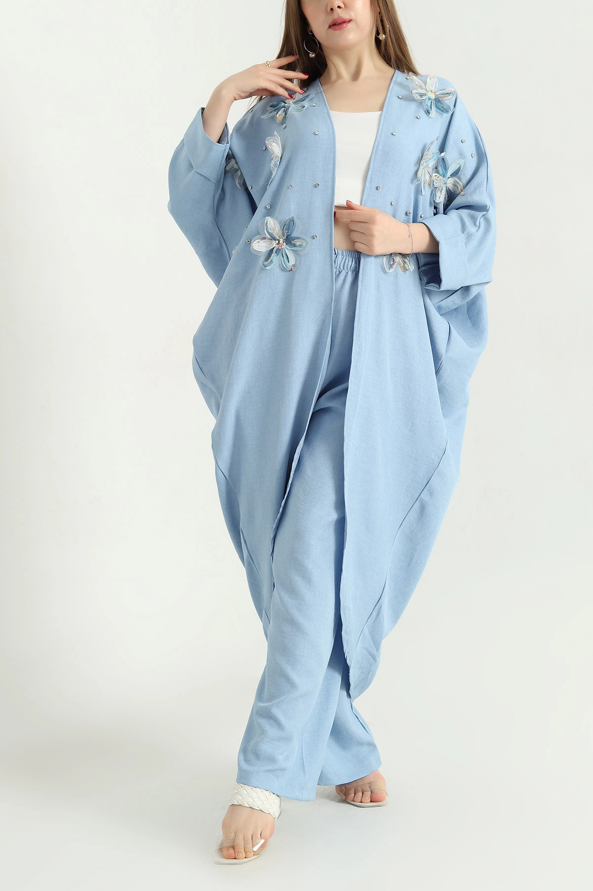 Mavi Taşlı Truvakar Kol Kimono Pantolon Aerobin Bayan İkili Takım 337951