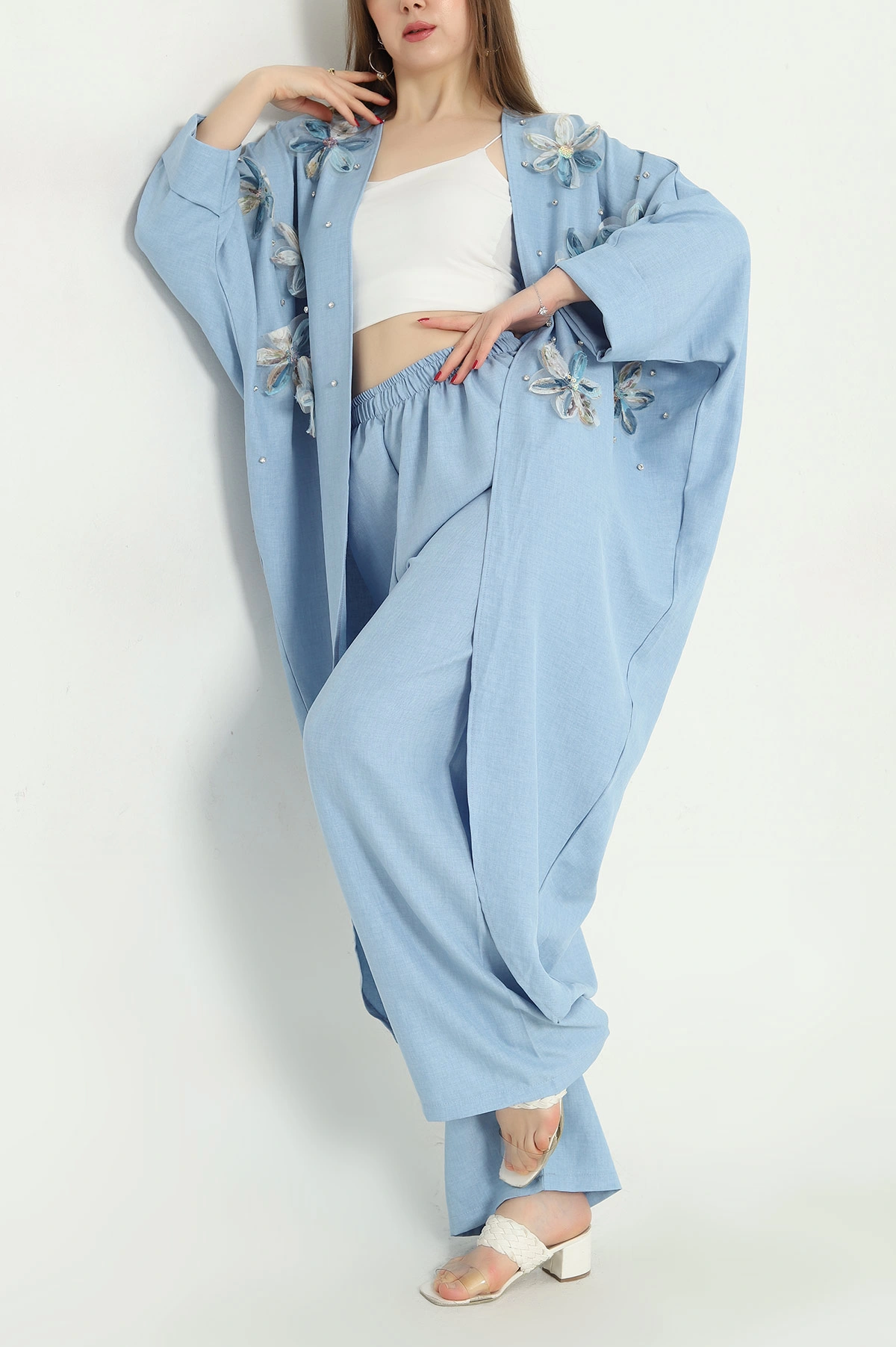 Mavi Taşlı Truvakar Kol Kimono Pantolon Aerobin Bayan İkili Takım 337951