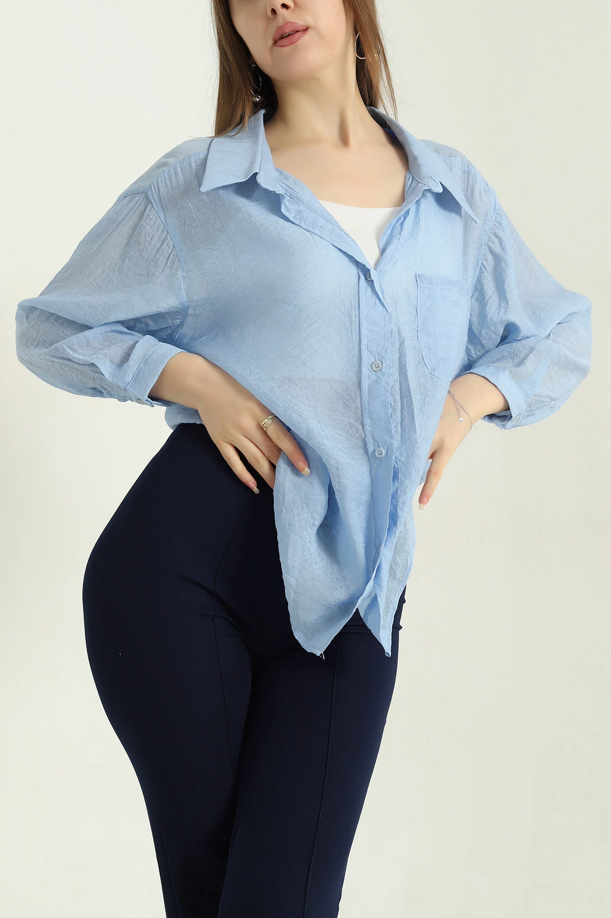 Mavi Tek Cep Oversize Dokuma Bayan Gömlek 336957